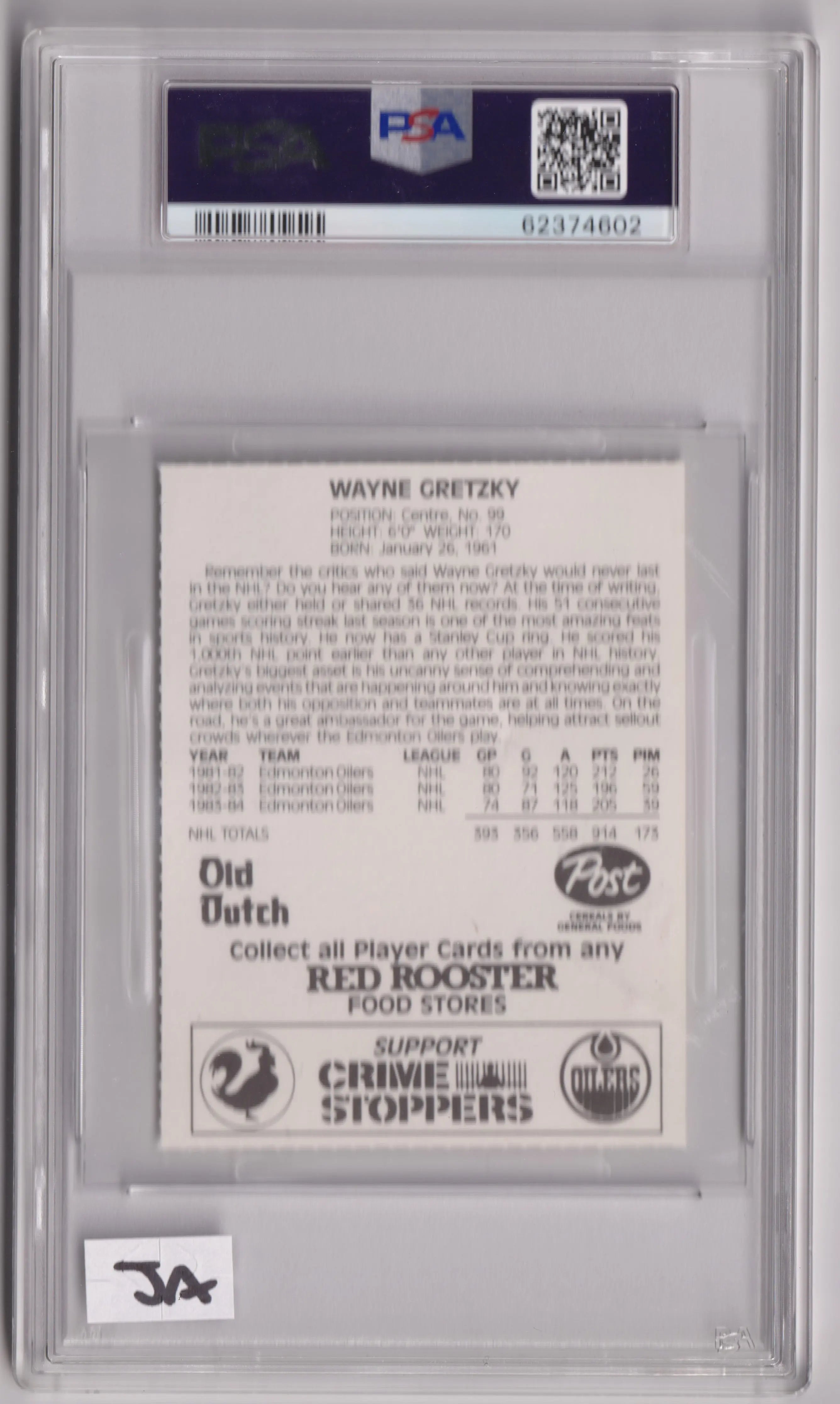 1984 Oilers Red Rooster Wayne Gretzky Perf "Try To Be Aware.. . " PSA 9 