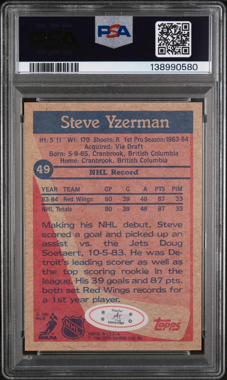 1984 Topps Autograph Steve Yzerman PSA Authentic Auto 8 