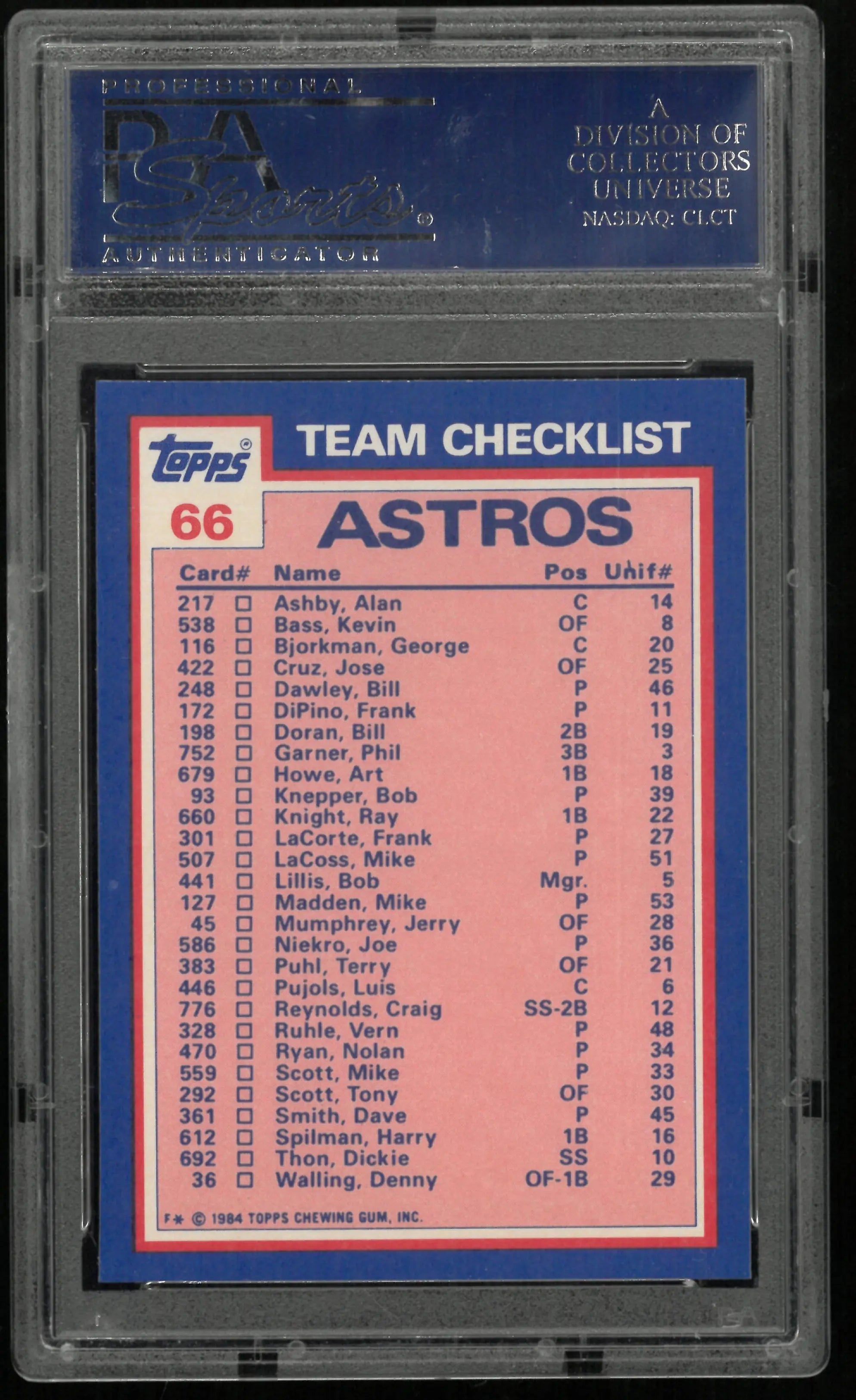 1984 Topps Tiffany Astros Batting & Pitching Leaders PSA 9 