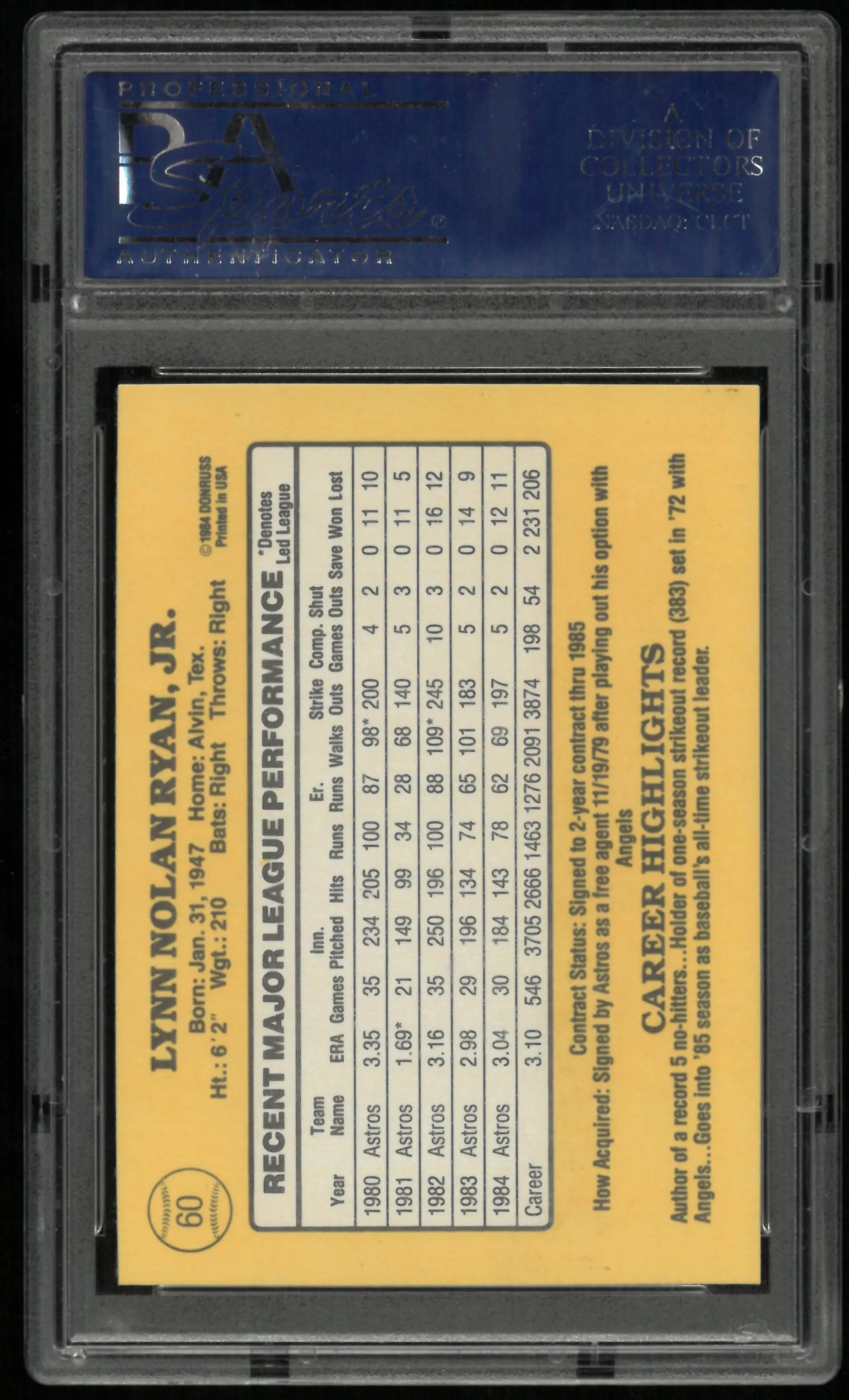 1985 Donruss Nolan Ryan PSA 9 
