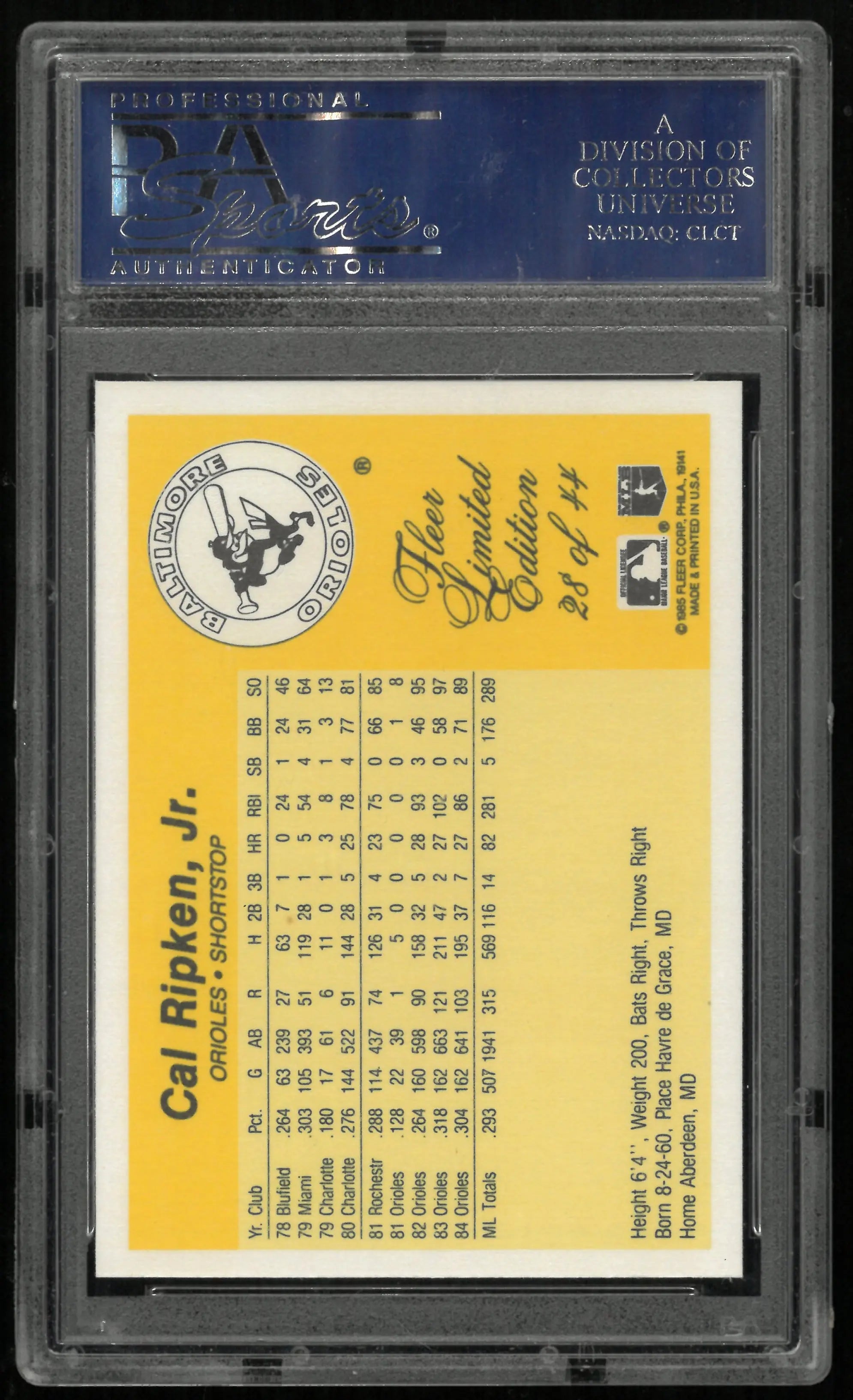 1985 Fleer Limited Edition Cal Ripken JR. PSA 10 