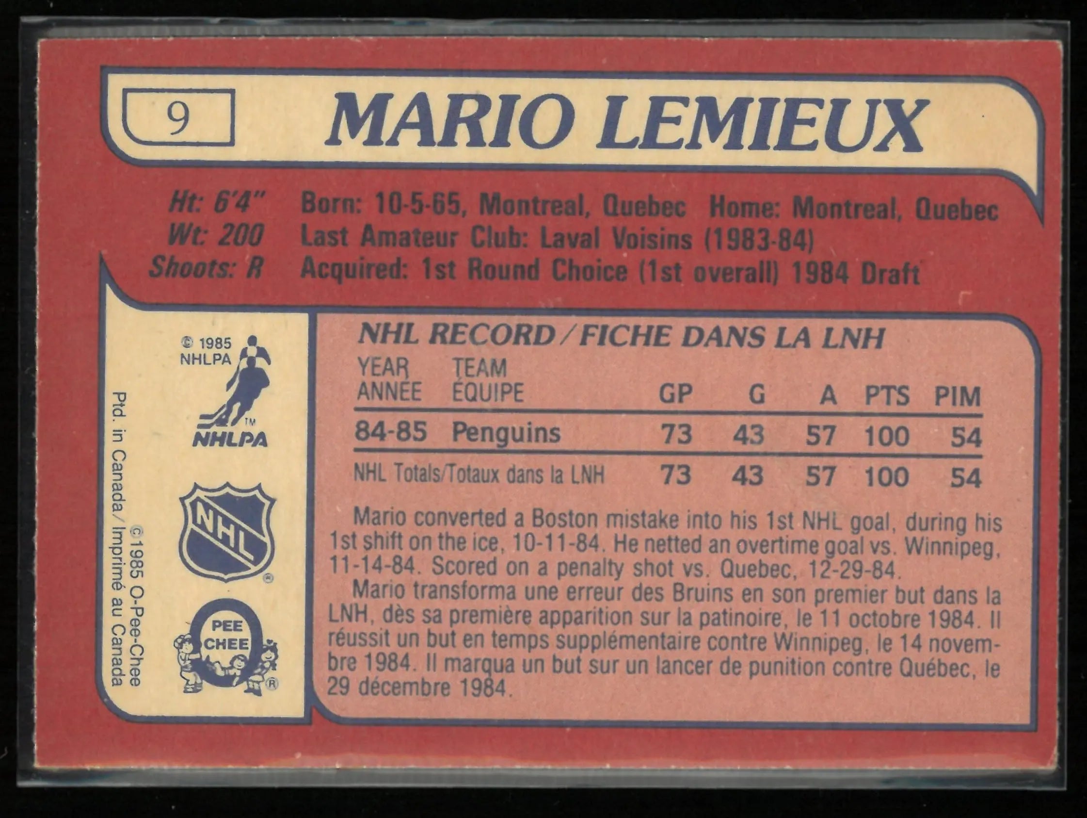 1985 O-Pee-Chee Hockey Mario Lemieux 