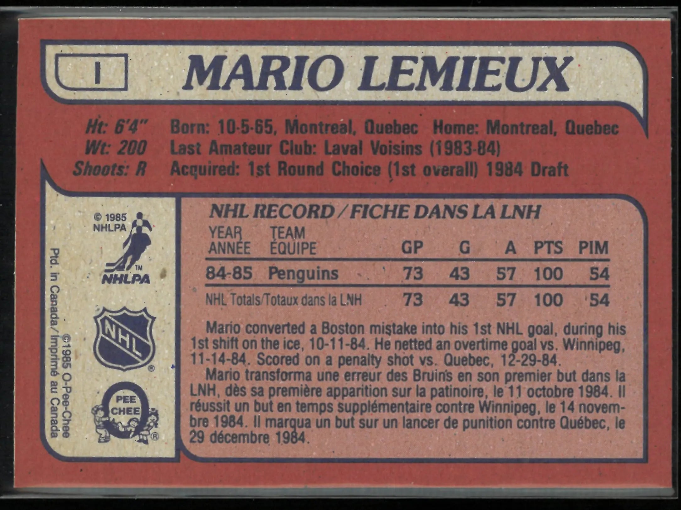 1985 O-Pee-Chee Hockey Mario Lemieux Hand-Cut 