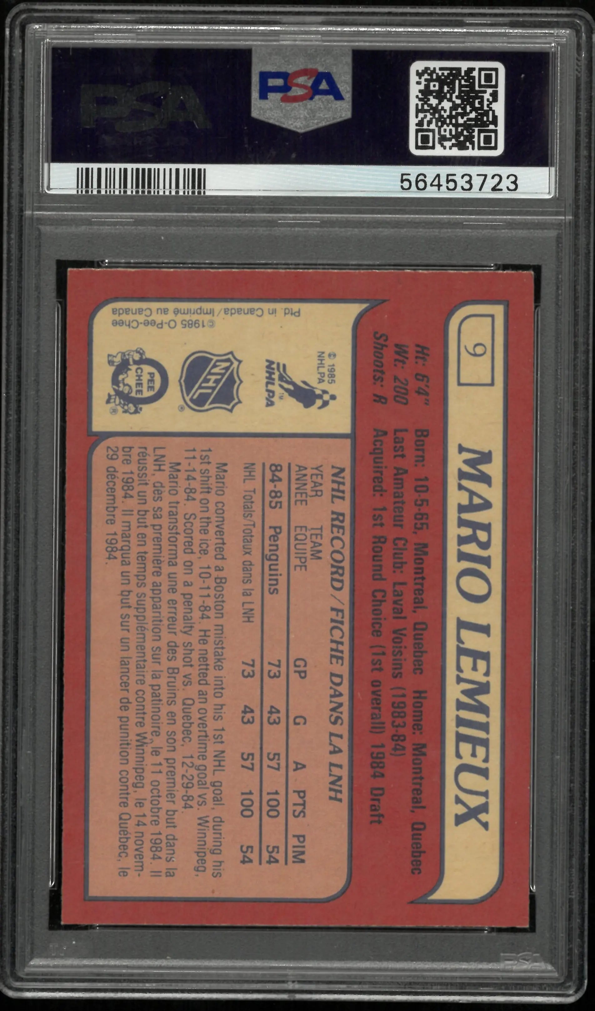 1985 O-Pee-Chee Hockey Mario Lemieux RC Rookie #9 PSA 8 