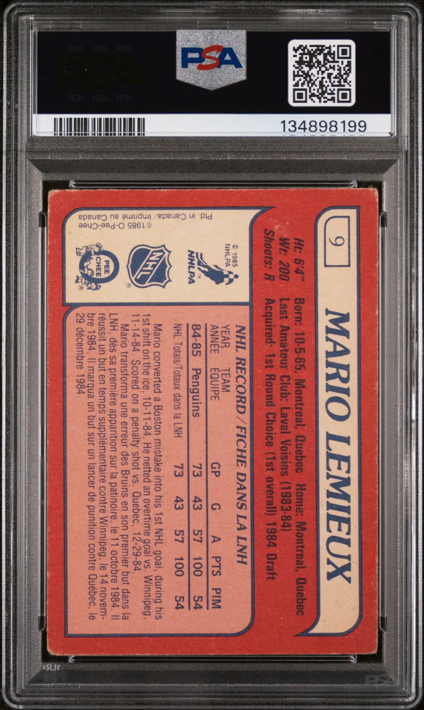 1985 O-Pee-Chee OPC Hockey Mario Lemieux PSA 3 