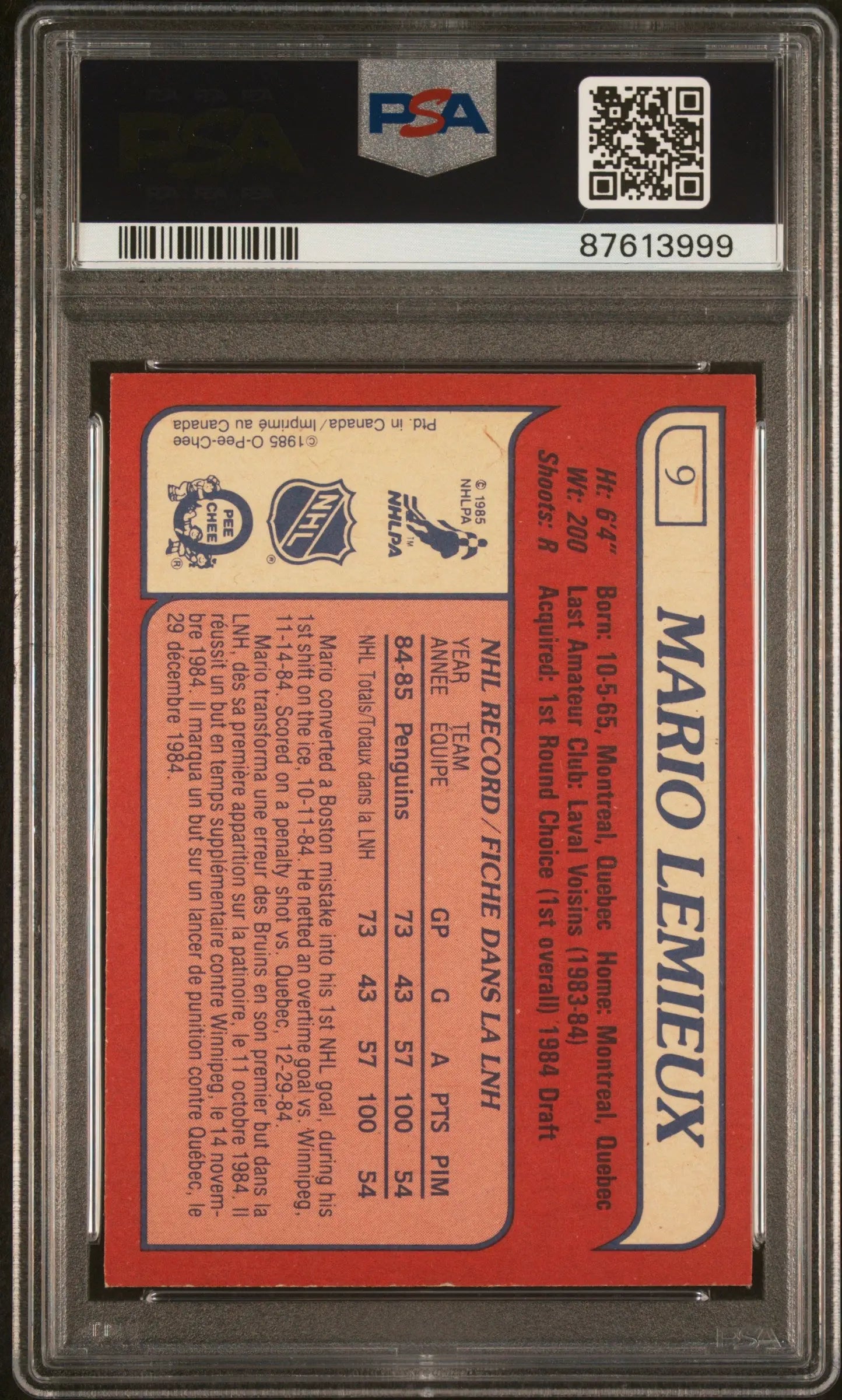 1985 O-Pee-Chee OPC Hockey Mario Lemieux RC Rookie #9 PSA 8 