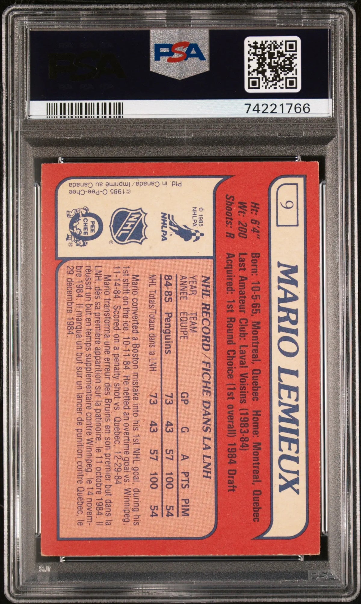 1985 O-Pee-Chee OPC Hockey Rookie Mario Lemieux RC PSA 6 