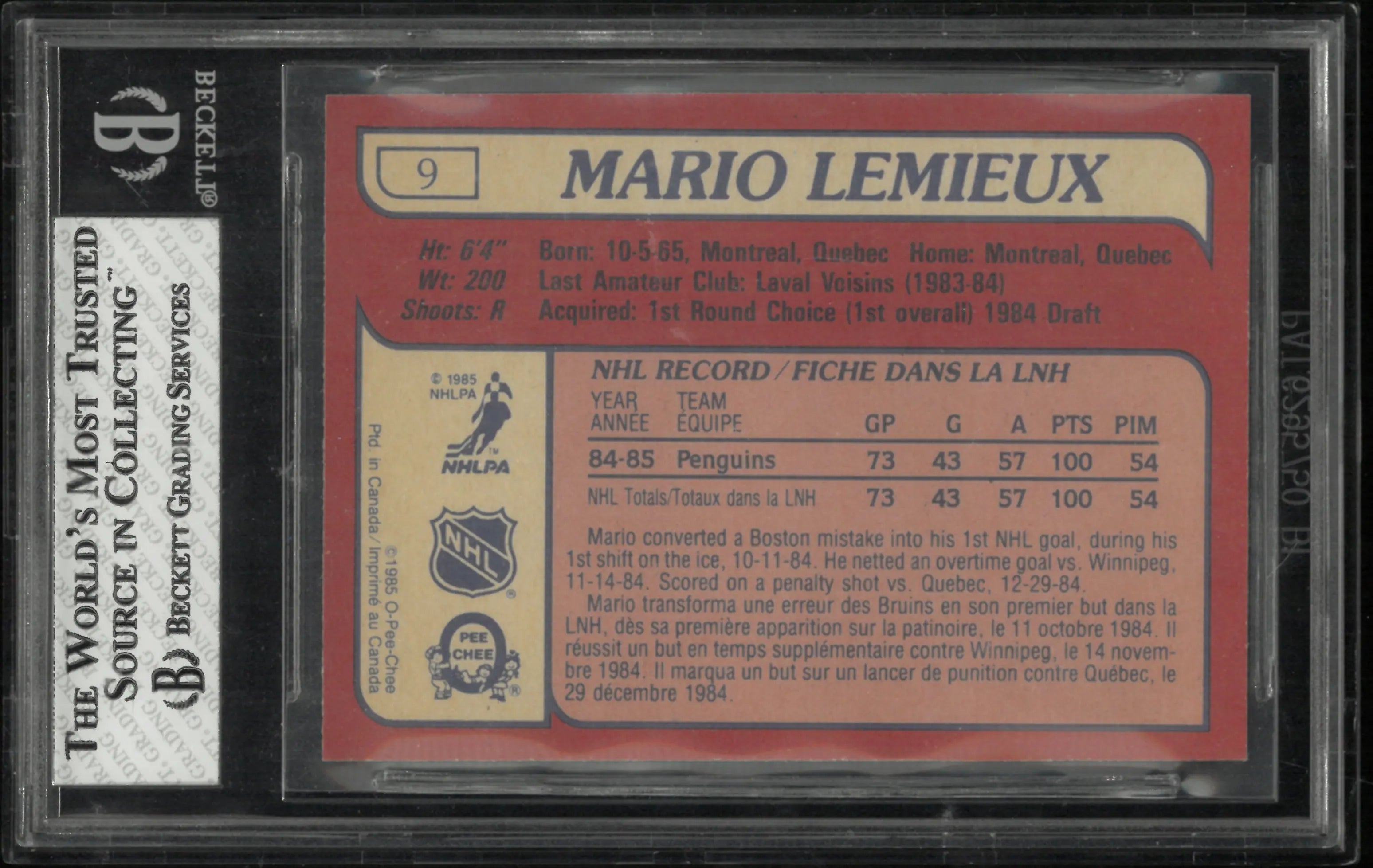 1985 O-Pee-Chee Rookie Mario Lemieux RC BGS 8 