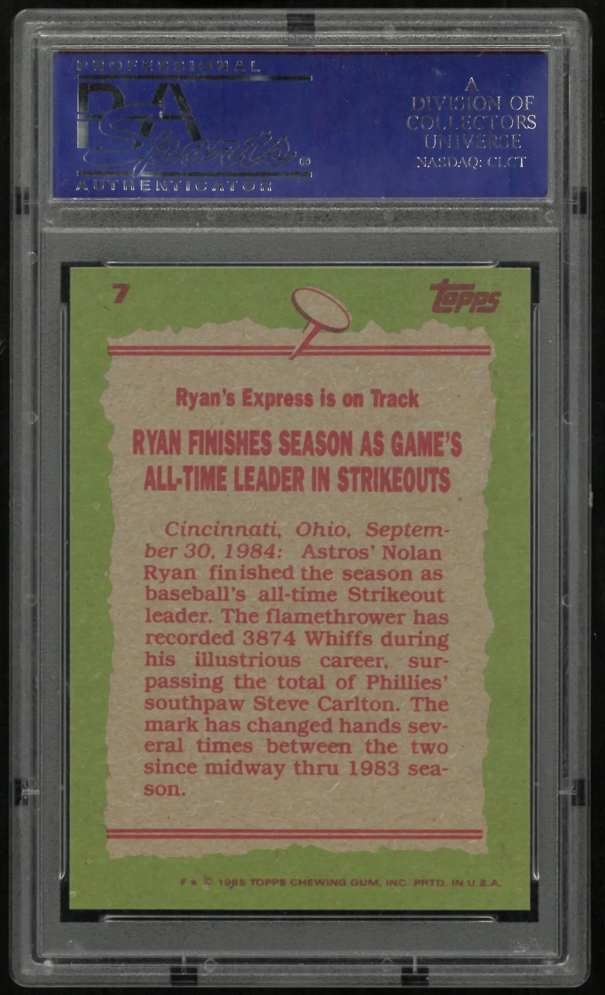 1985 Topps Baseball Nolan Ryan #7 PSA 9 