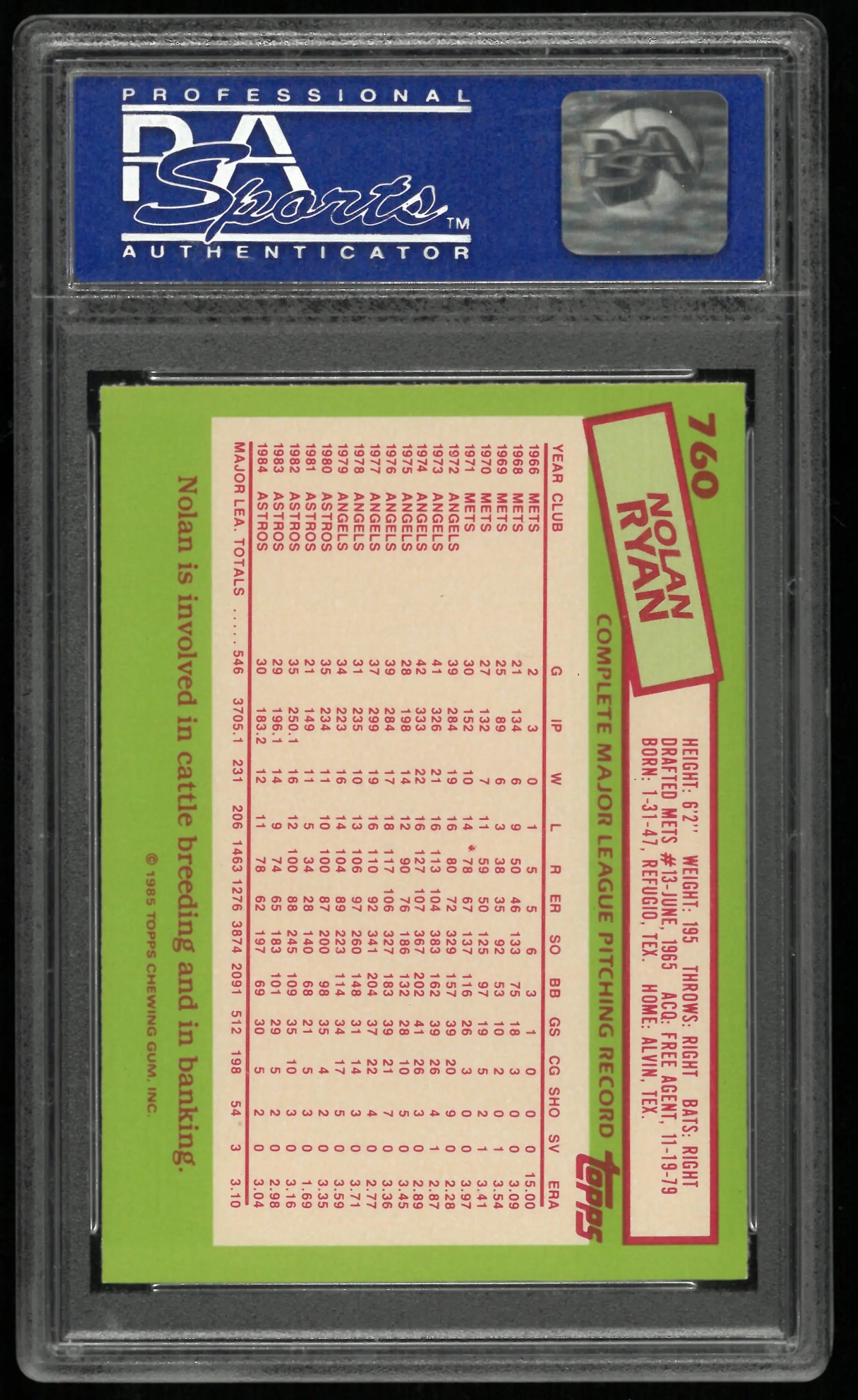 1985 Topps Tiffany Nolan Ryan PSA 9 
