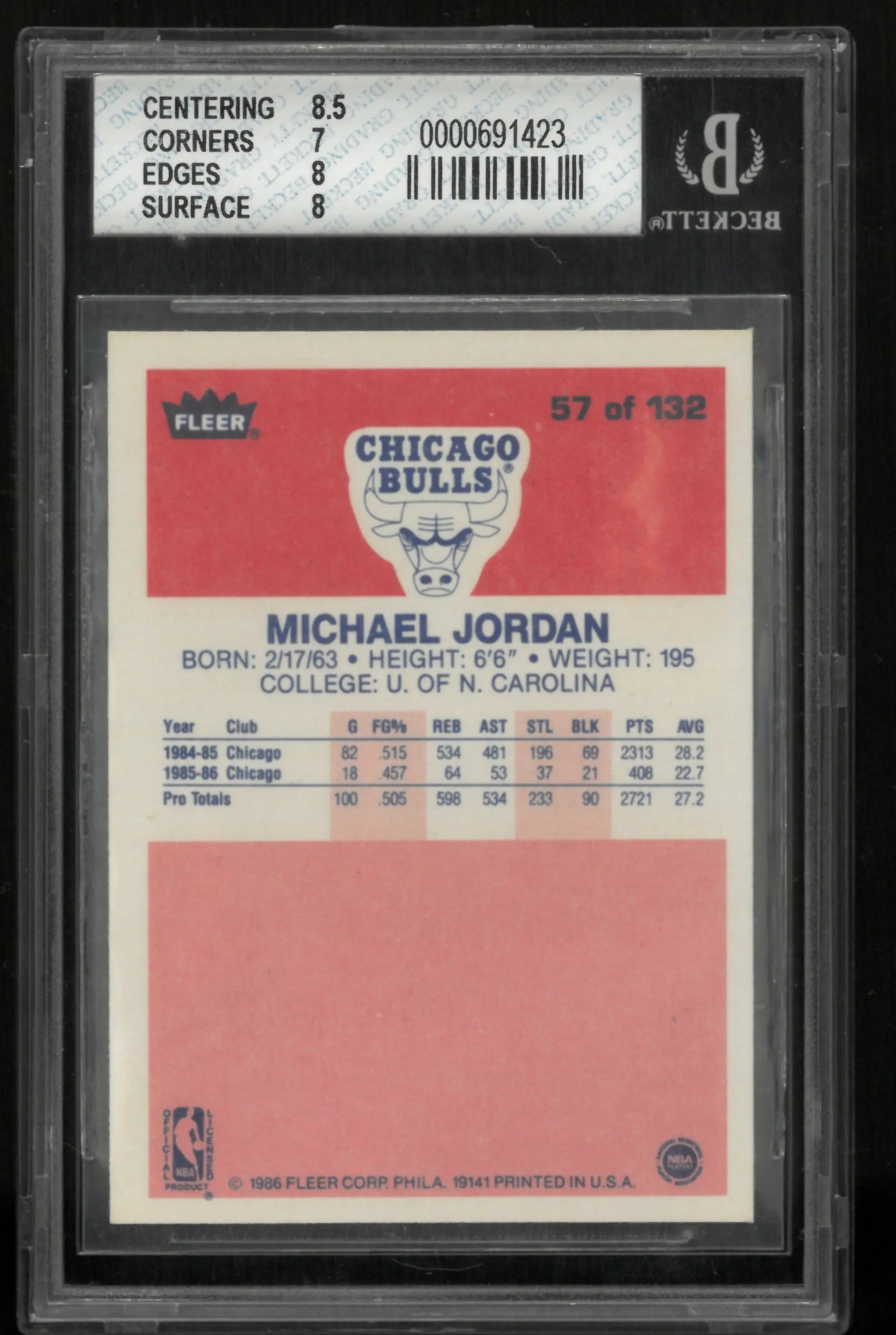 1986-87 Fleer Basketball Michael "GOAT" Jordan RC Rookie BGS 7.5 #57 