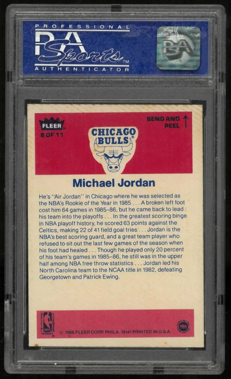 1986-87 Fleer Michael Jordan Stickers PSA 8 
