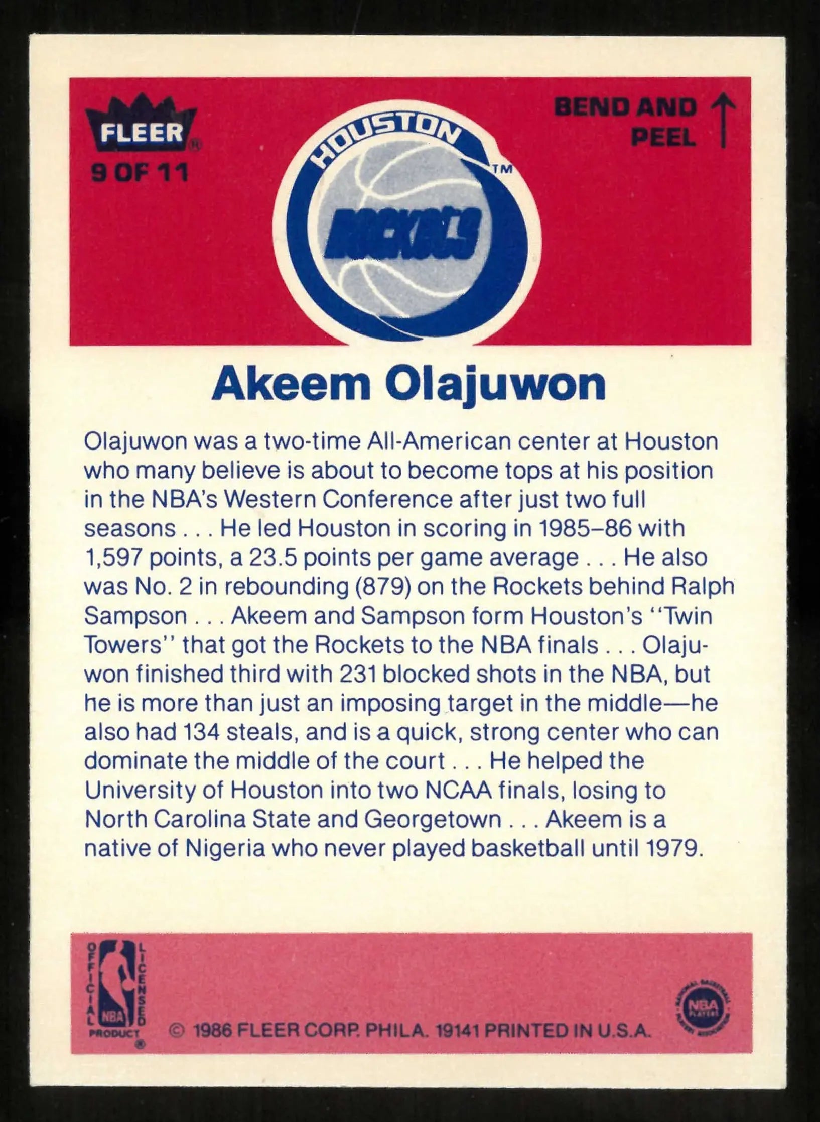 1986-87 Fleer Stickers Rookie Akeem Olajuwon RC 