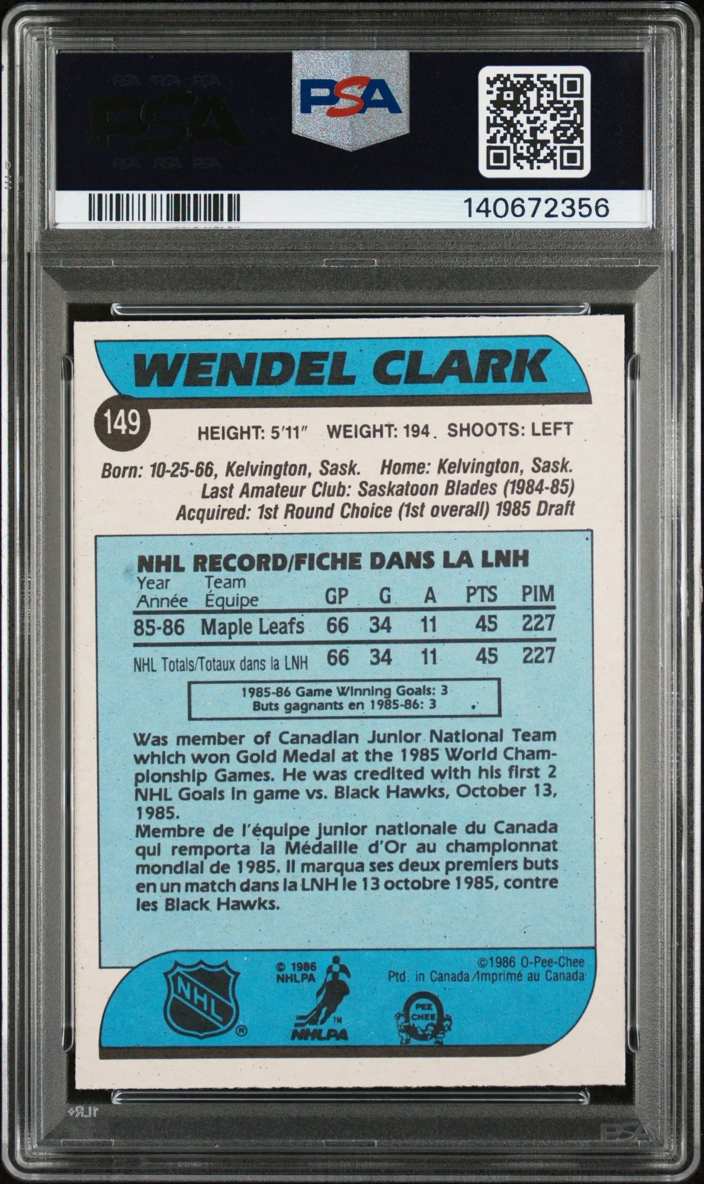 1986-87 O-Pee-Chee Hockey Wendel Clark RC Rookie #149 PSA 7 