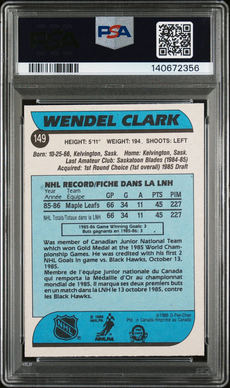 1986-87 O-Pee-Chee Hockey Wendel Clark RC Rookie #149 PSA 7 