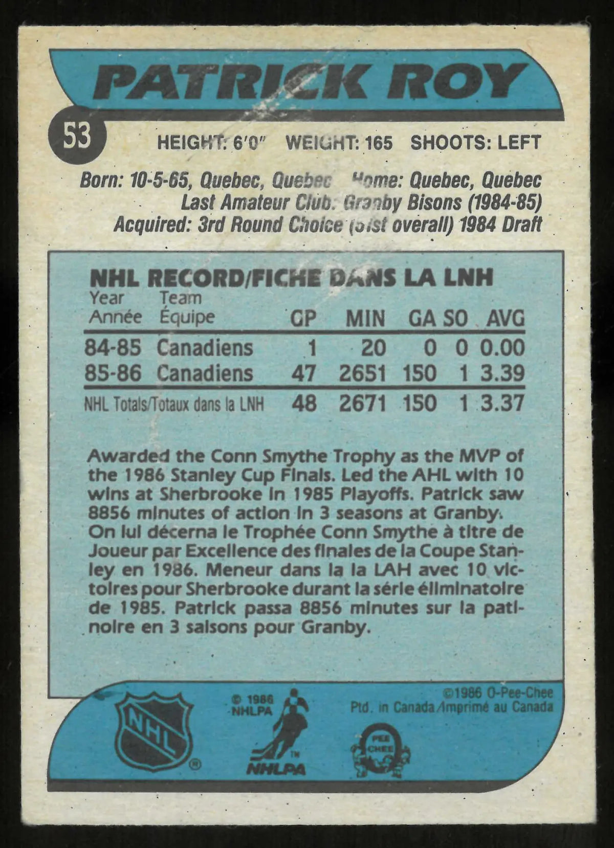 1986-87 O-Pee-Chee OPC Hockey Rookie Patrick Roy RC 