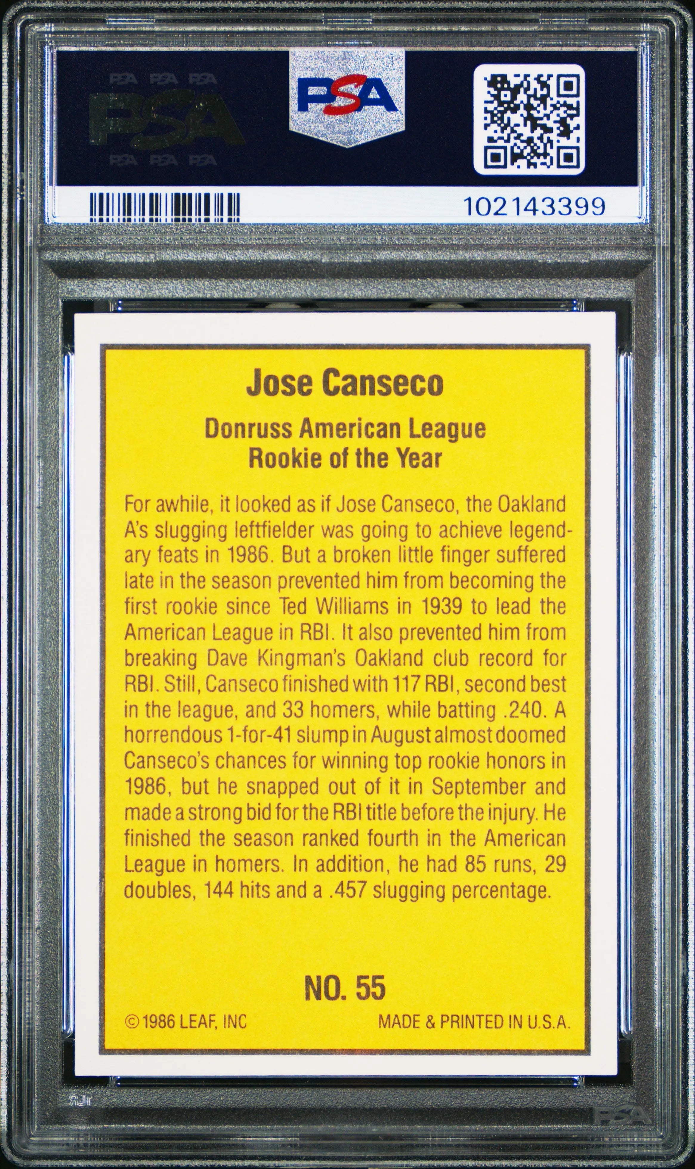 1986 Donruss Highlights Jose Canseco #55 PSA 10 