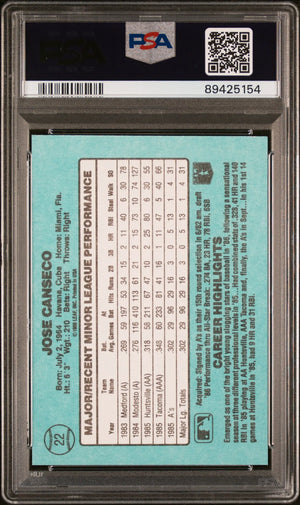 1986 Donruss Rookies Jose Canseco #22 PSA 10 