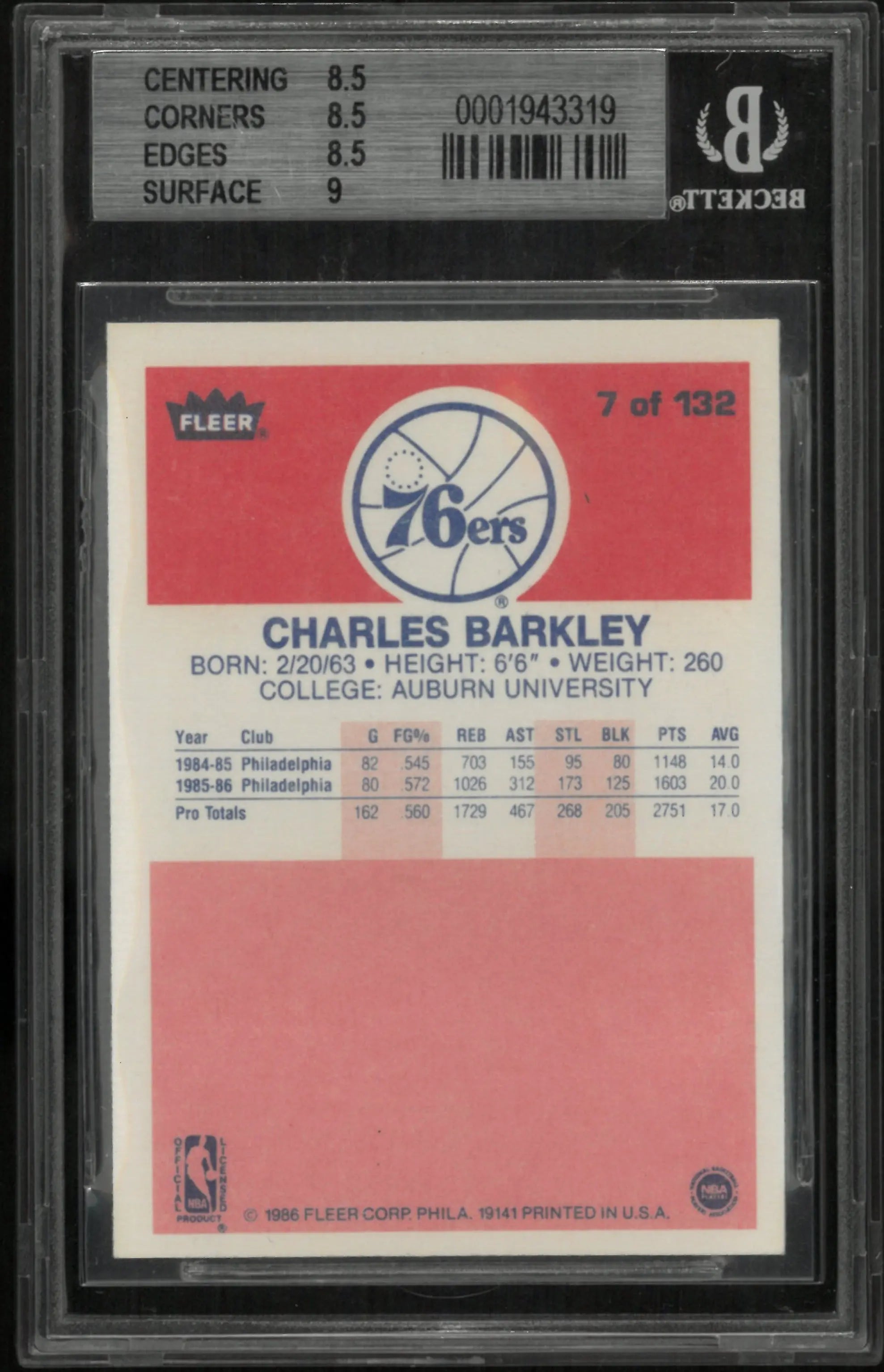 1986 Fleer Basketball Charles Barkley #7 BGS 8.5 
