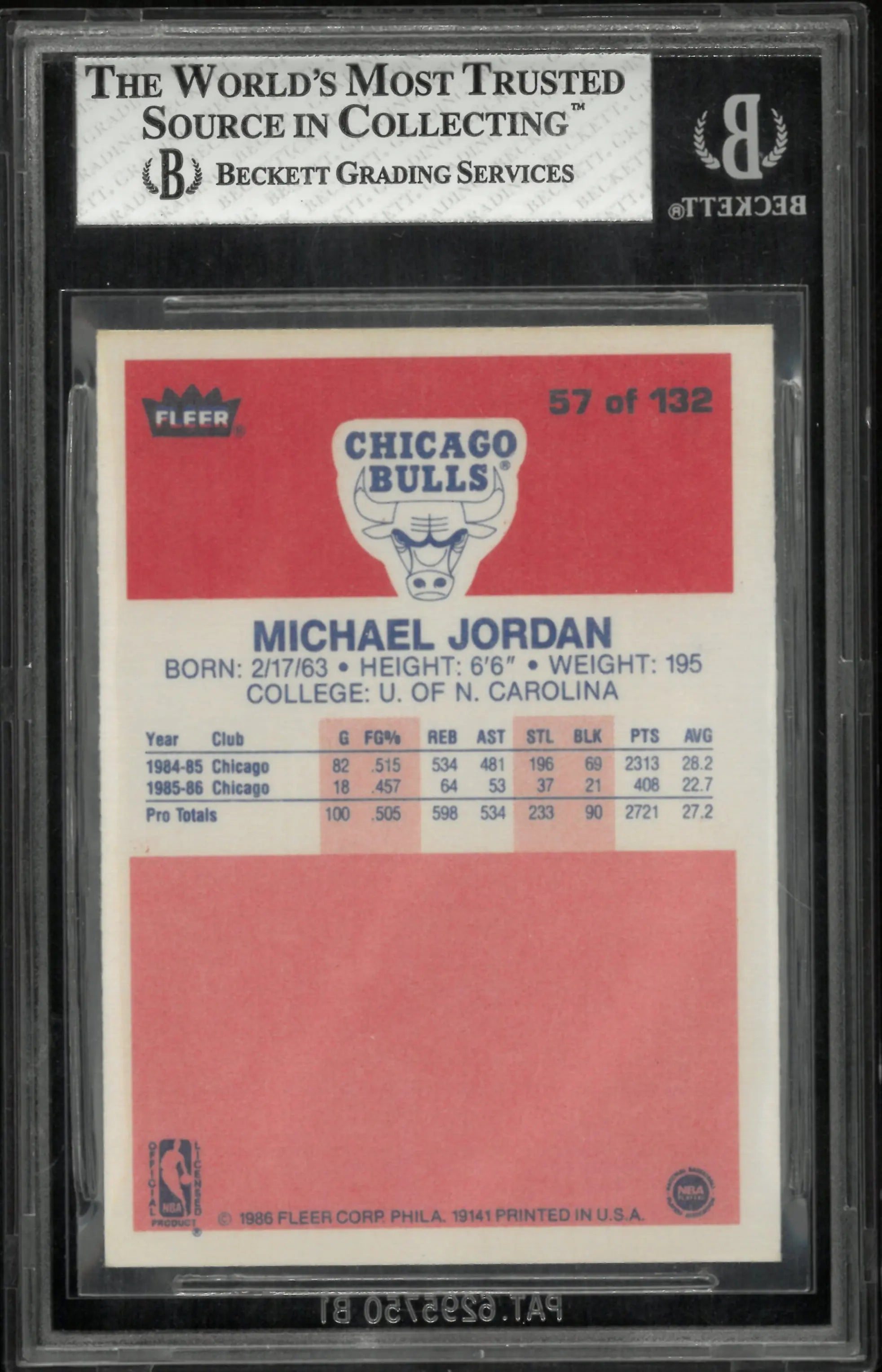 1986 Fleer Basketball Michael Jordan #57 RC Rookie BGS 7 