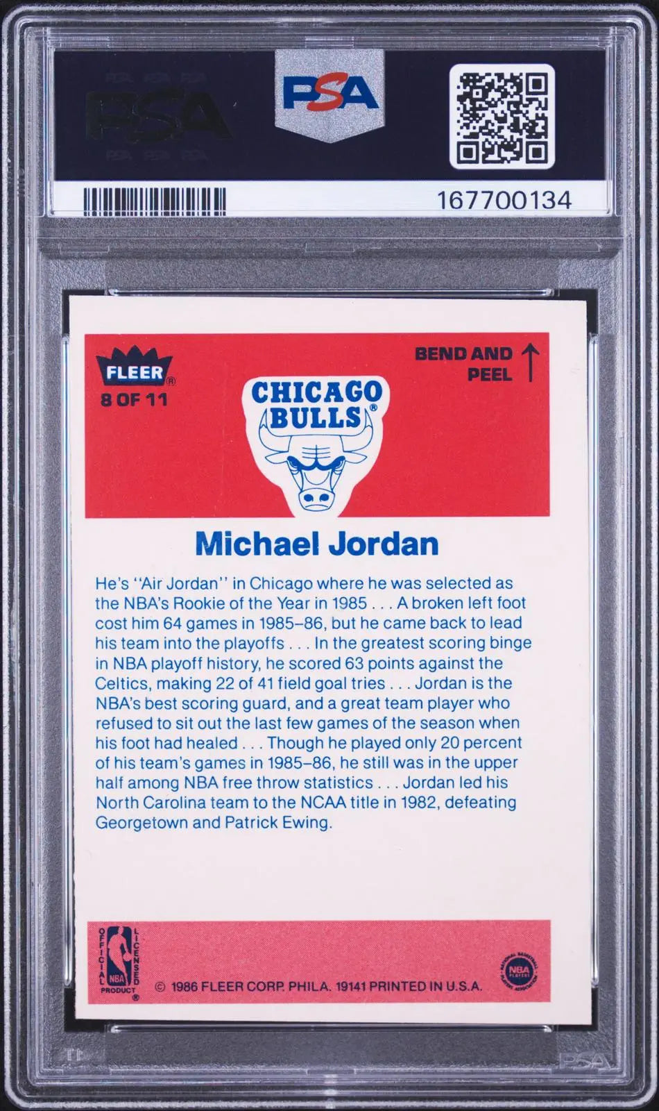 1986 Fleer Basketball Sticker Rookie Michael Jordan RC PSA 5 