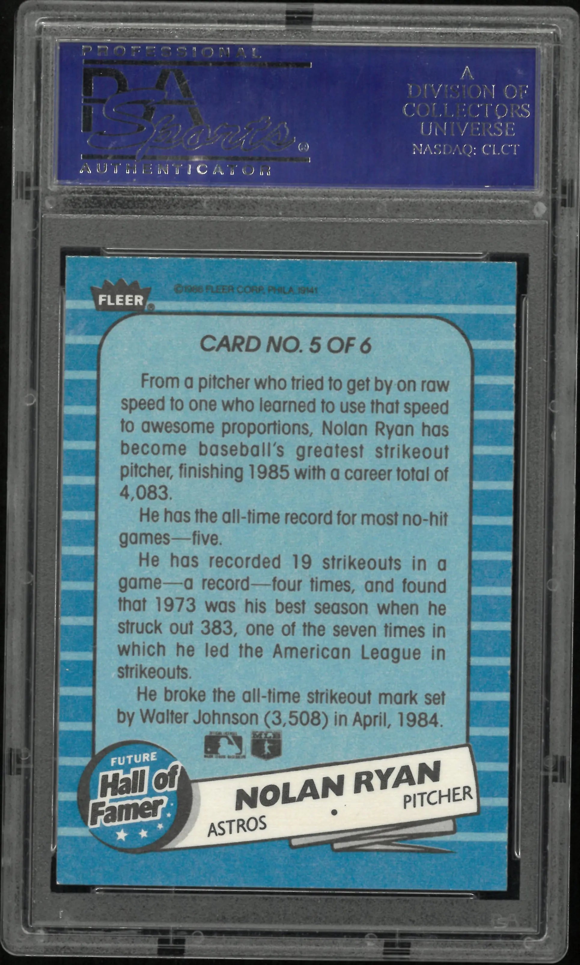 1986 Fleer Future Hall Of Famers Nolan Ryan PSA 8 