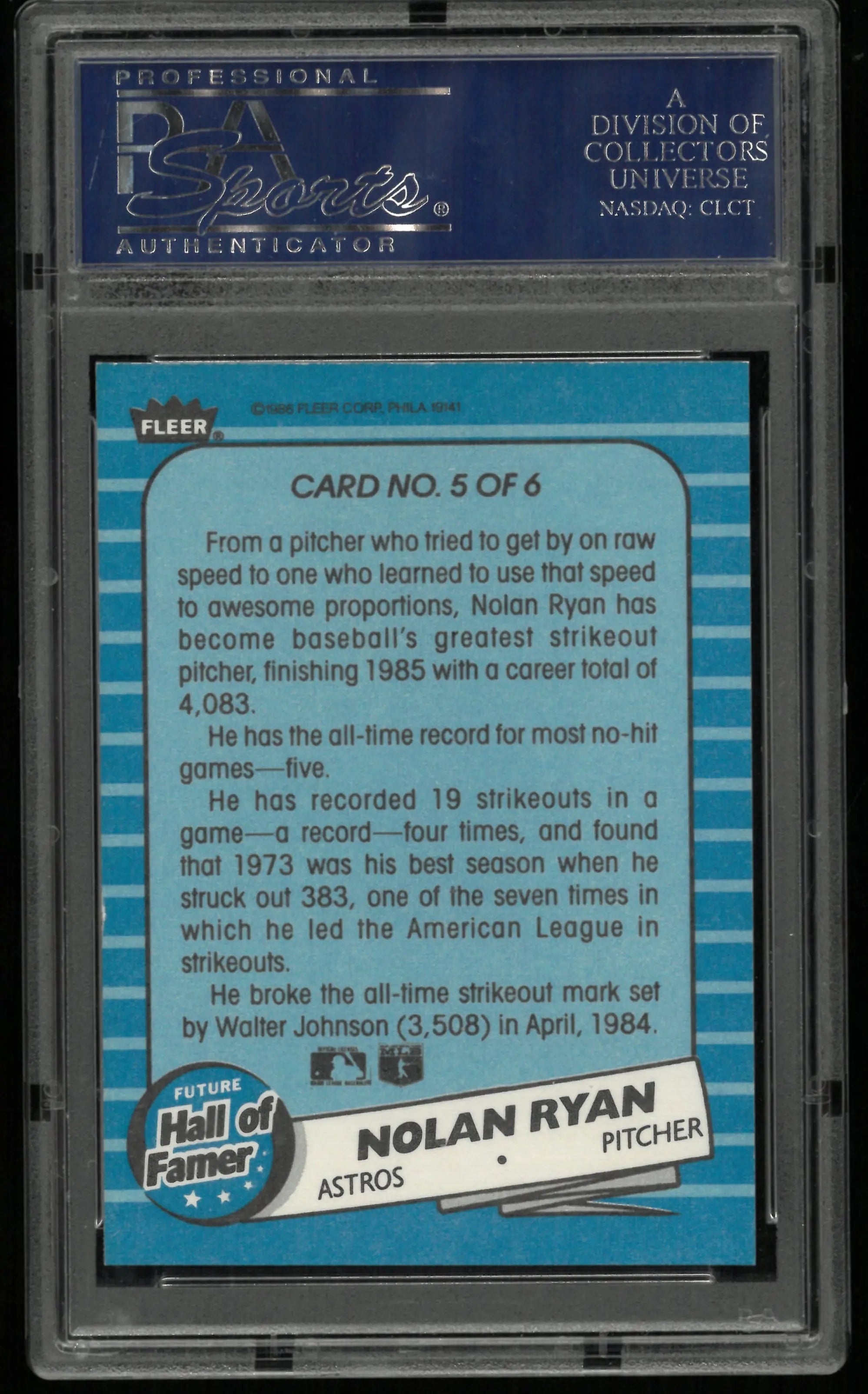 1986 Fleer Future Hall Of Famers Nolan Ryan PSA 9 