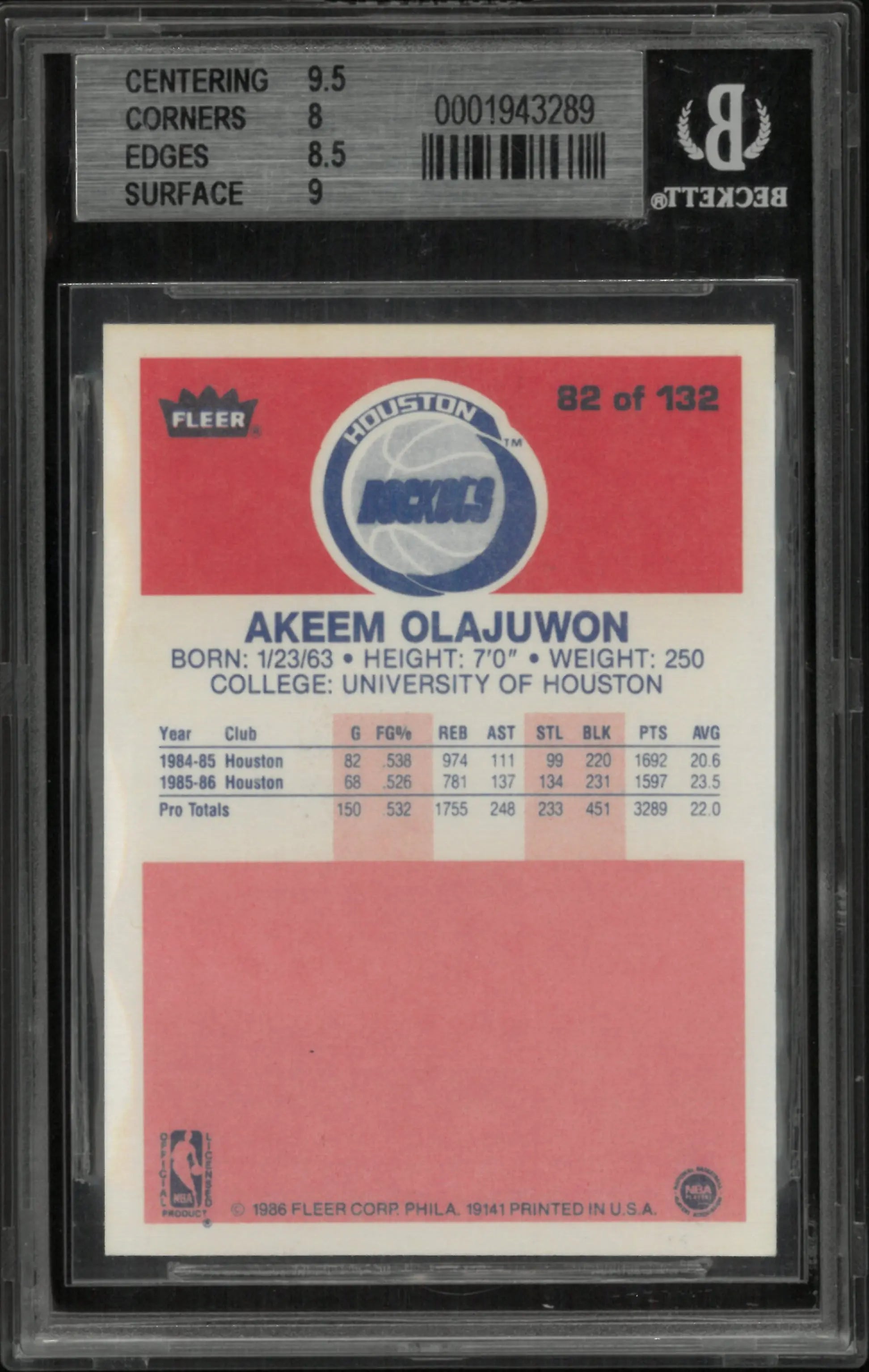 1986 Fleer Hakeem Olajuwon #82 BGS 8.5 