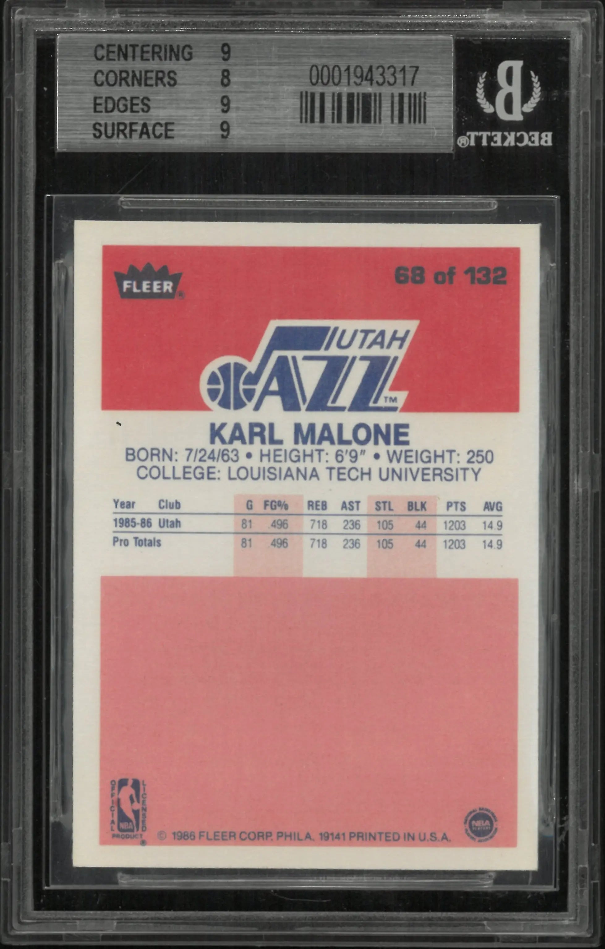 1986 Fleer Karl Malone #68 BGS 8.5 