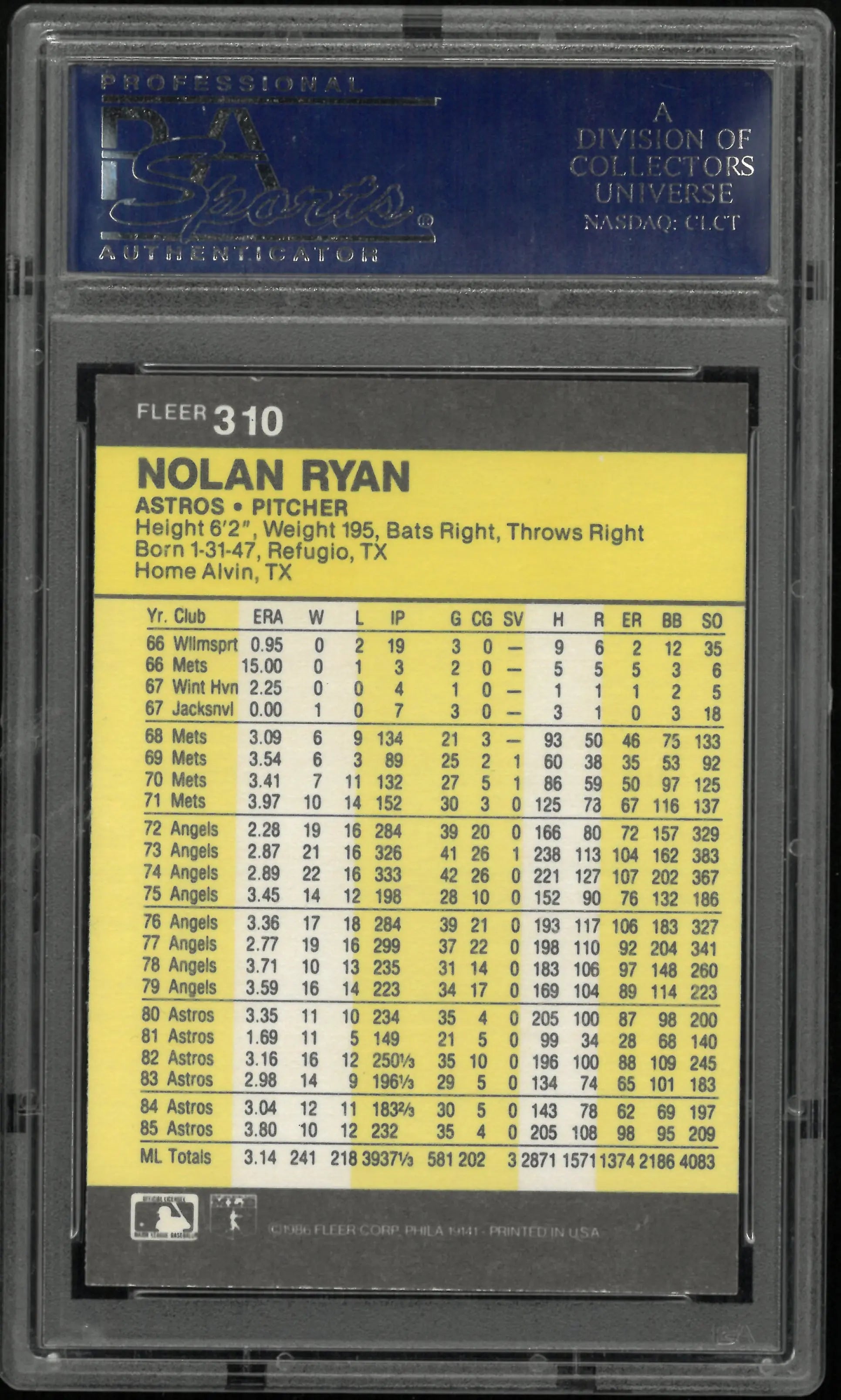 1986 Fleer Nolan Ryan PSA 9 