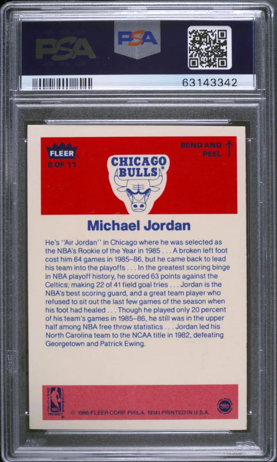 1986 Fleer Sticker Basketball Rookie Michael Jordan RC PSA 5 