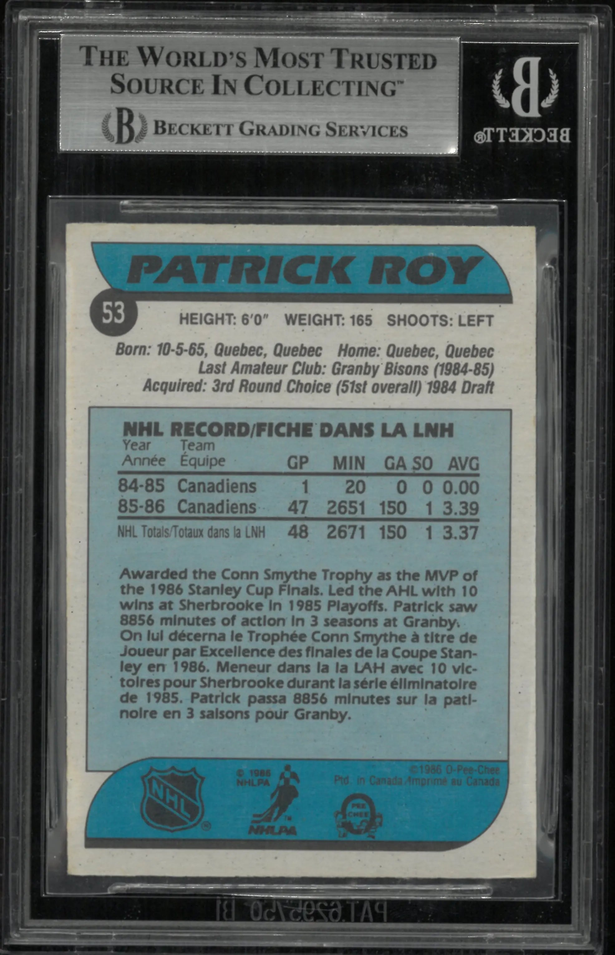 1986 O-Pee-Chee Hockey Patrick Roy RC Rookie BGS 7.5 