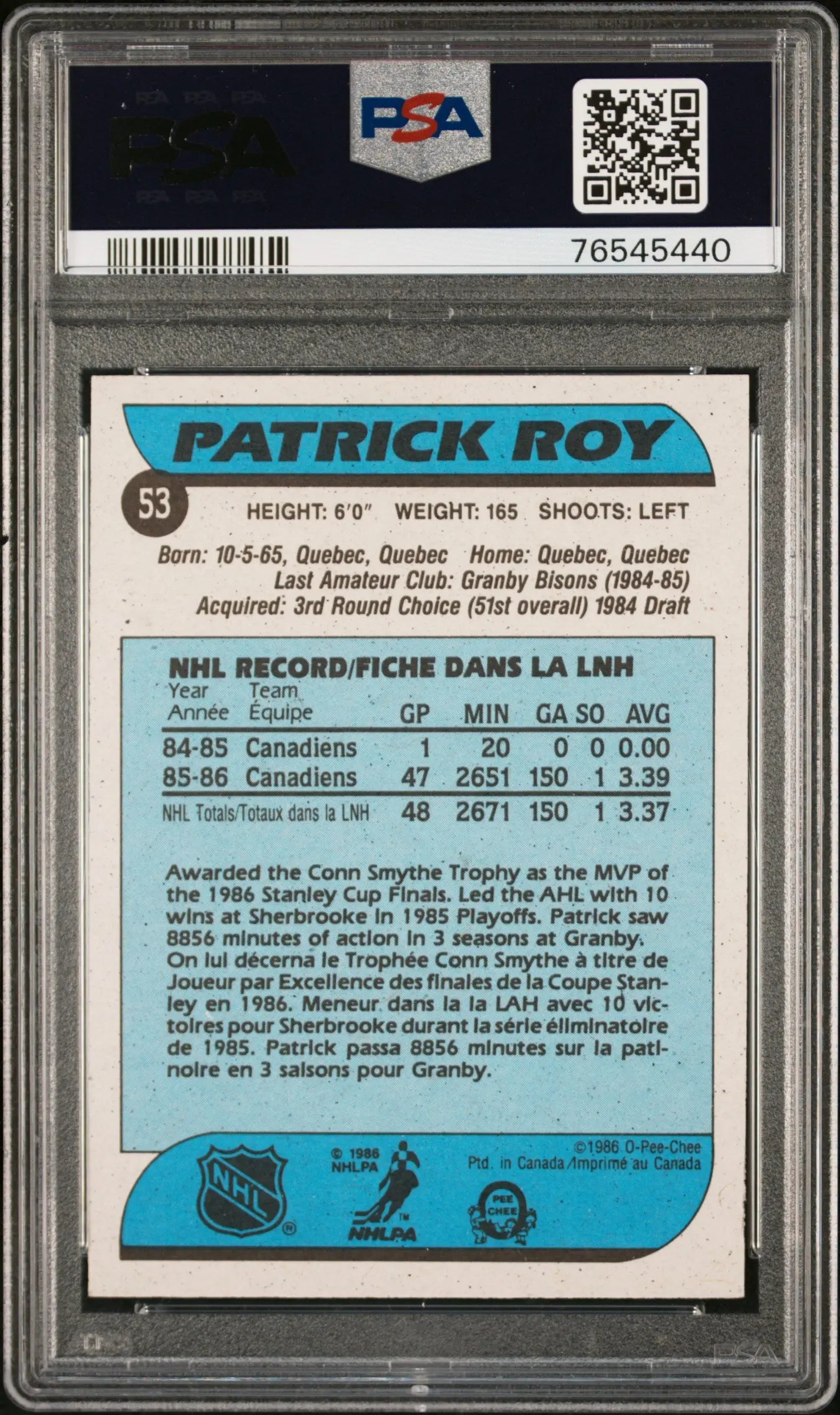1986 O-Pee-Chee Hockey Patrick Roy RC Rookie #53 PSA 9 