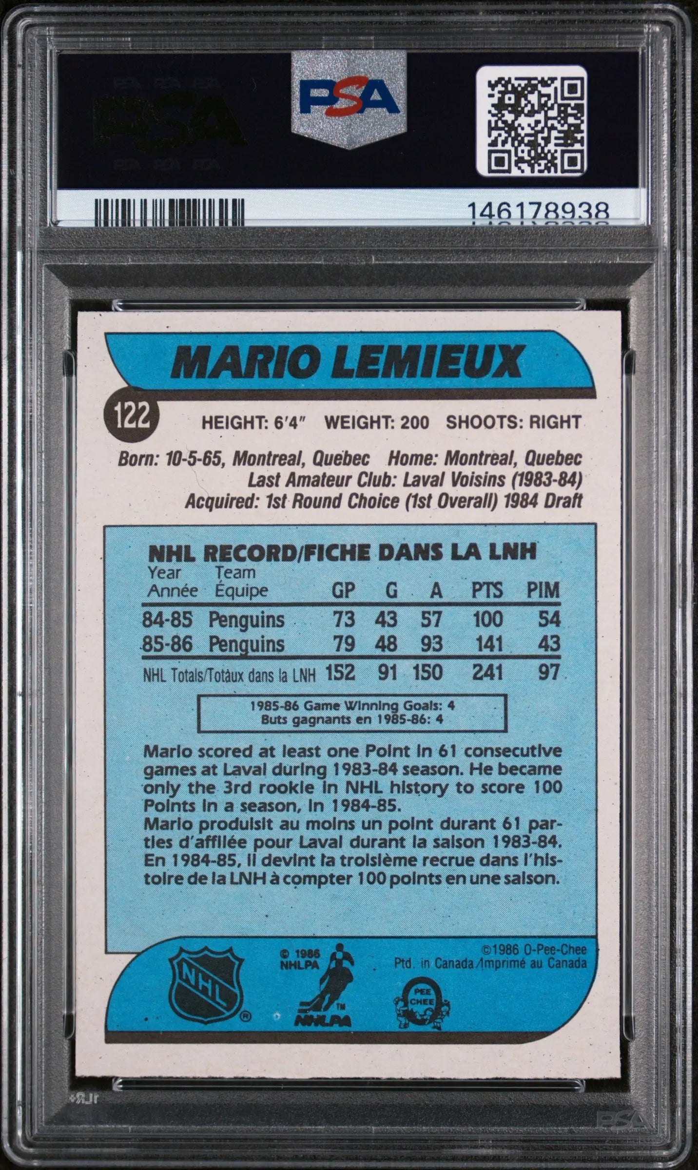 1986 O-Pee-Chee OPC Hockey Mario Lemieux PSA 7 