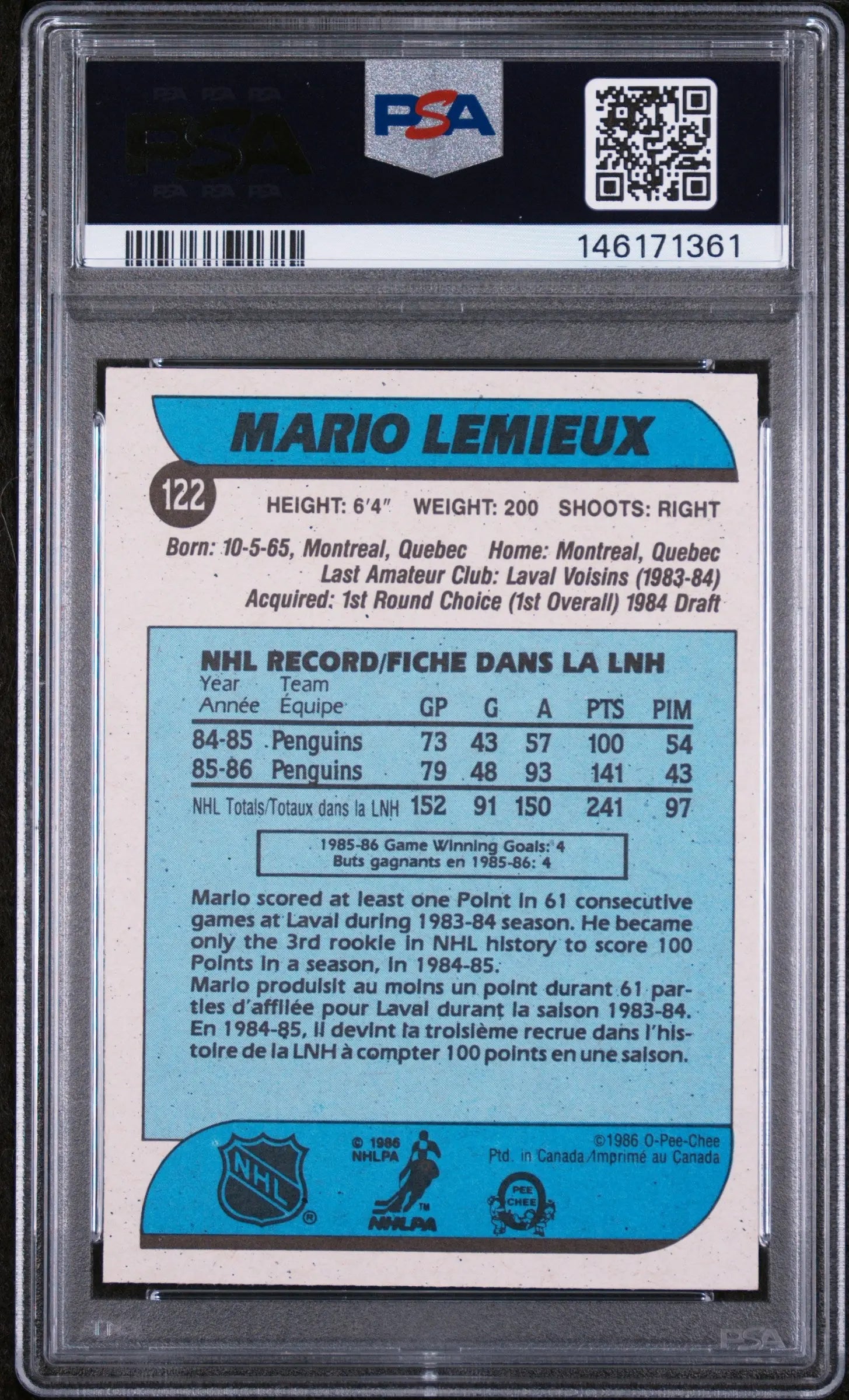 1986 O-Pee-Chee OPC Hockey Mario Lemieux RC PSA 9 