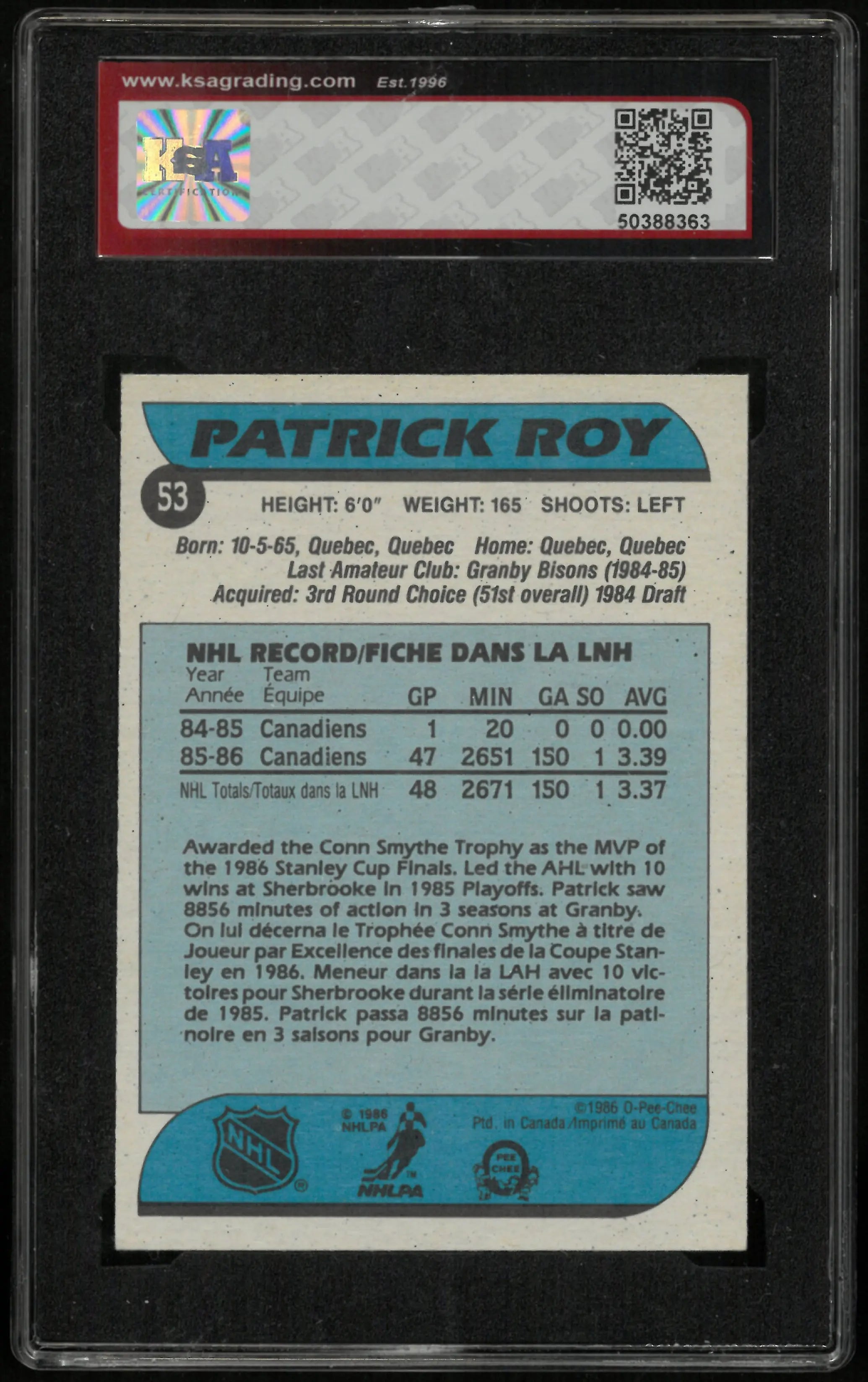 1986 O-Pee-Chee Patrick Roy Rookie Card RC KSA 8 
