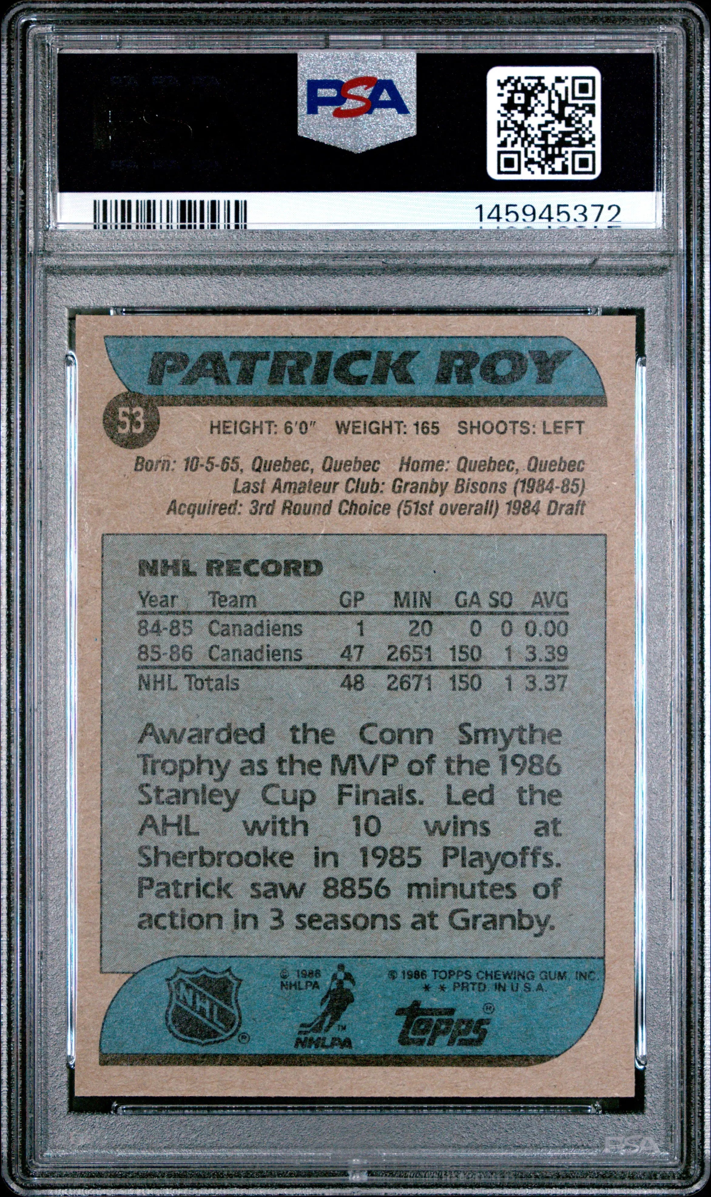 1986 Topps Hockey Patrick Roy RC Rookie #53 PSA 8 