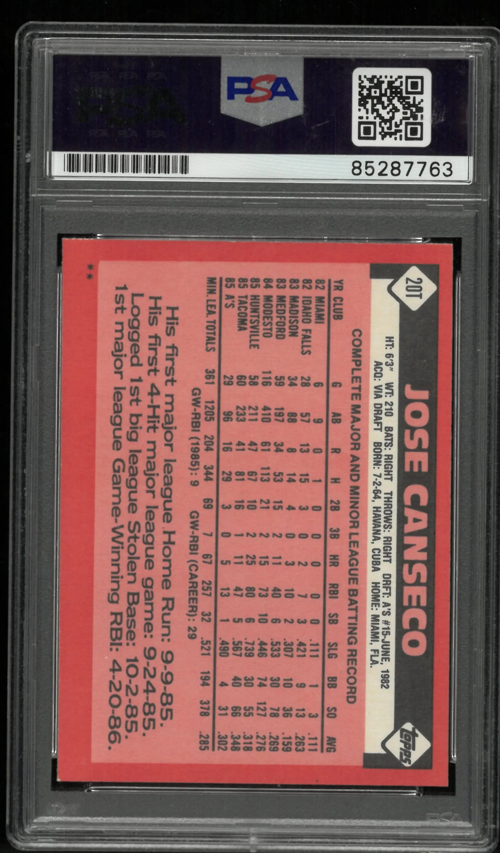 1986 Topps Jose Canseco Autograph Auto PSA Authentic Auto 