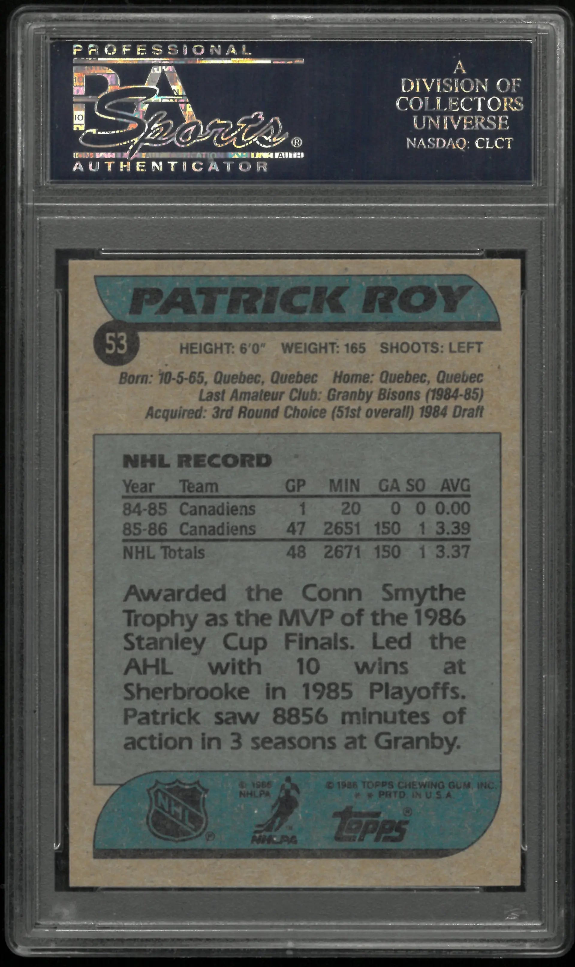 1986 Topps Patrick Roy #53 PSA 6 