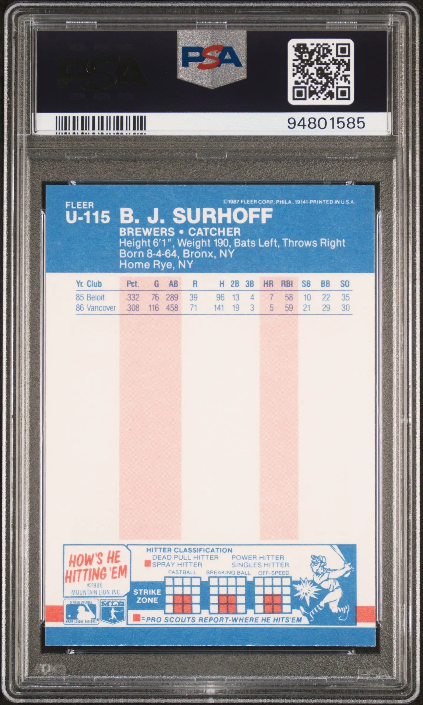 1987 Fleer Baseball Update B. J. Surhoff #U-115 PSA 10 