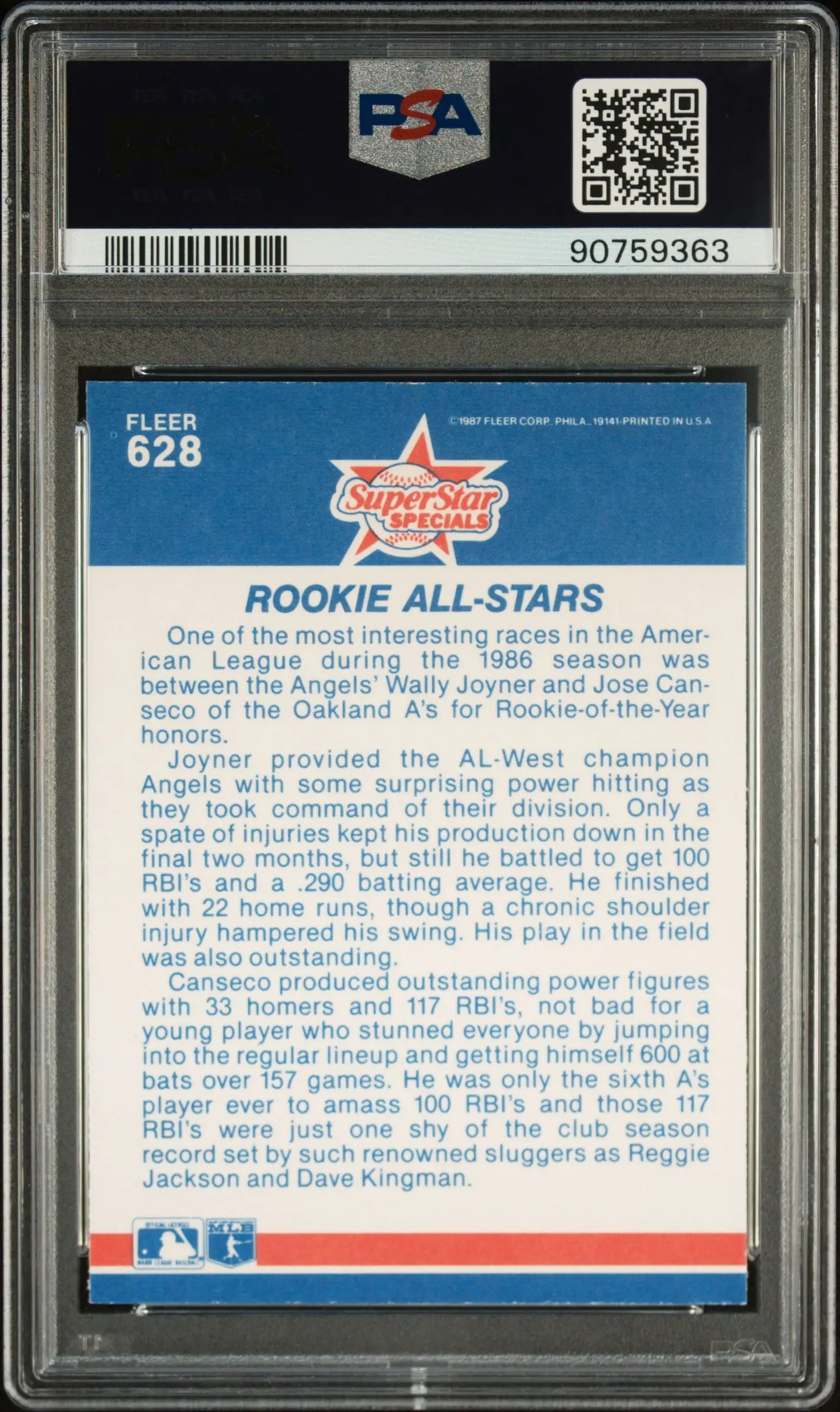 1987 Fleer Glossy Baseball Rookie All-Stars Joyner Canseco PSA 10 