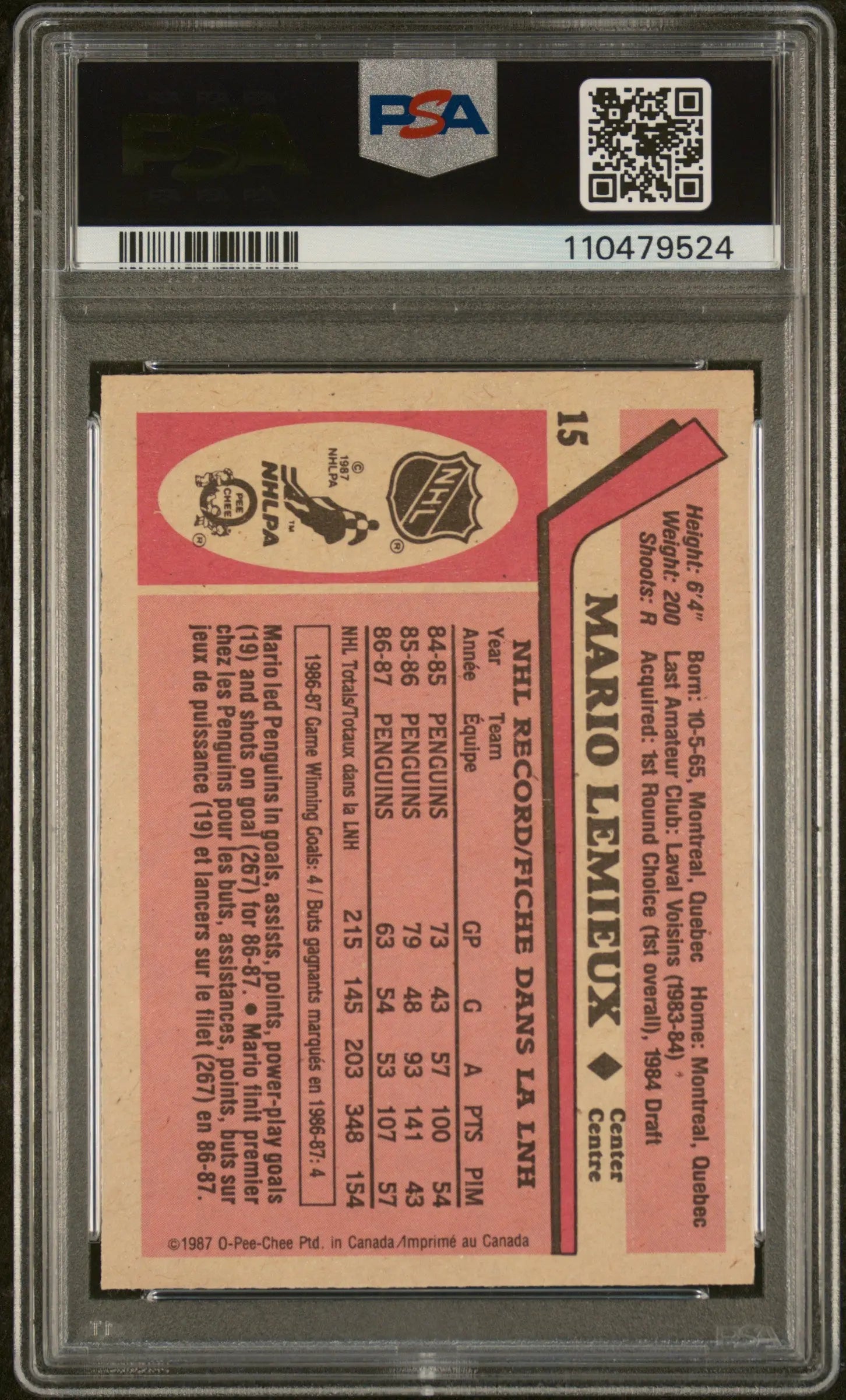 1987 O-Pee-Chee OPC Hockey Mario Lemieux #15 PSA 9 