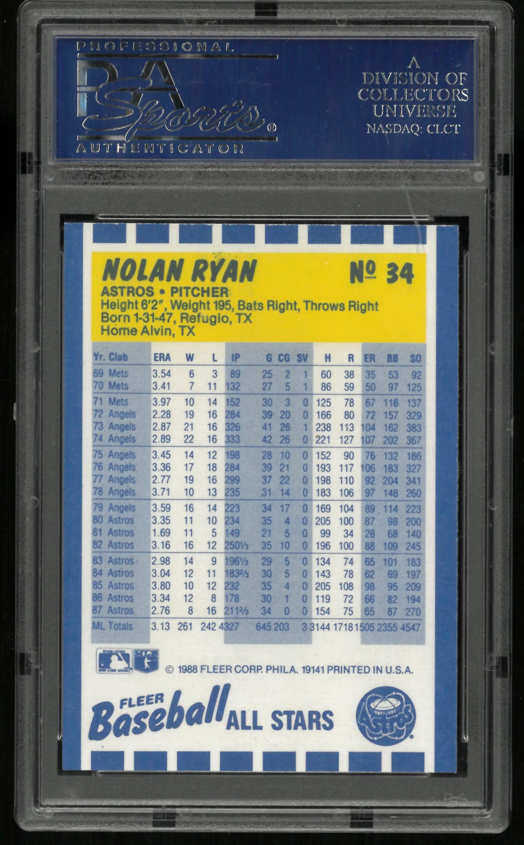 1988 Fleer Baseball All-Stars Nolan Ryan  PSA 10 
