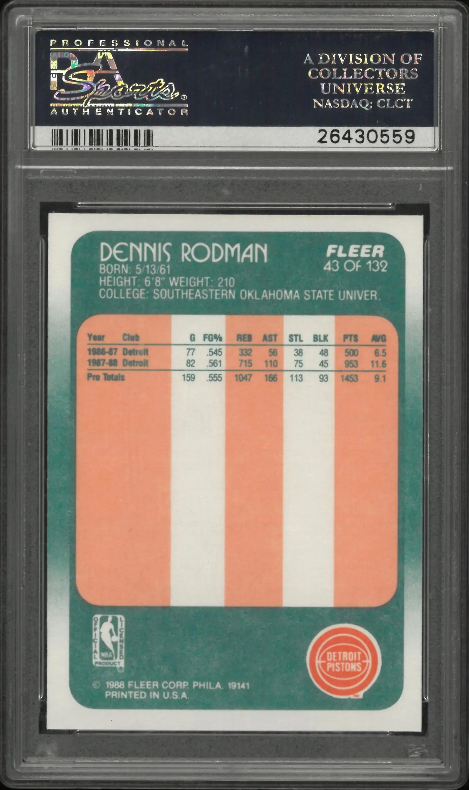 1988 Fleer Basketball Dennis Rodman #43 PSA 8 Pistons 