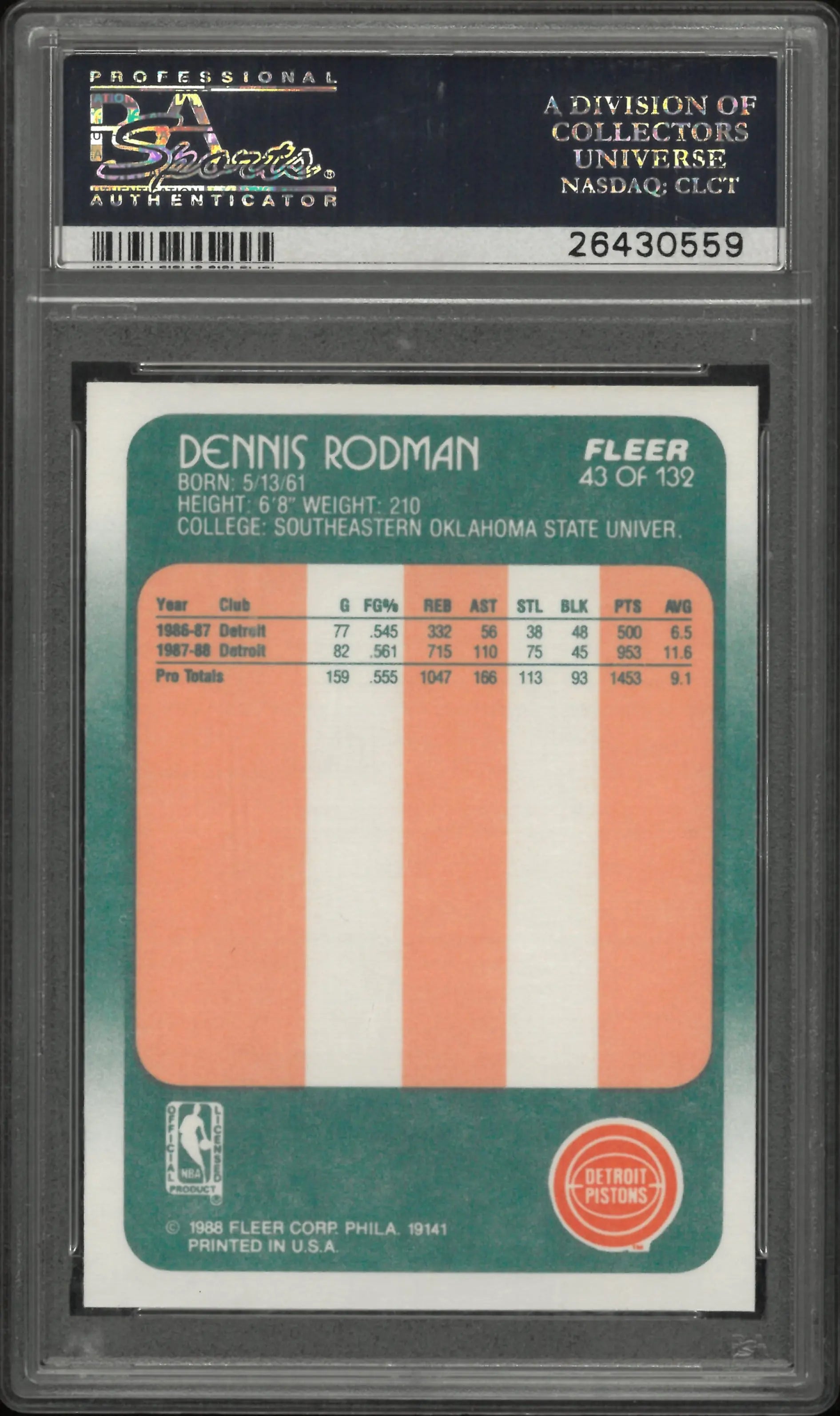 1988 Fleer Basketball Dennis Rodman #43 PSA 8 Pistons 