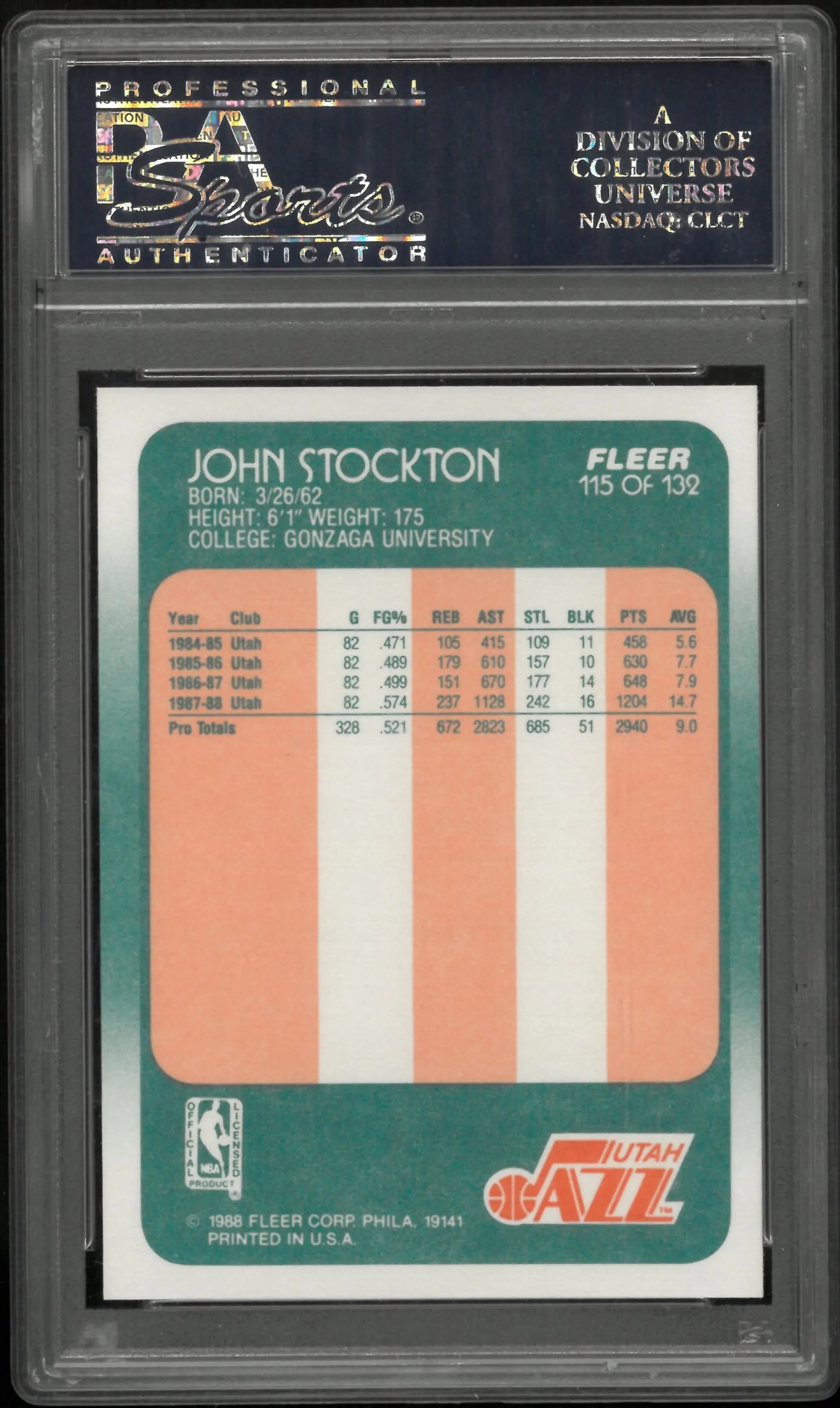 1988 Fleer Basketball John Stockton RC Rookie #115 PSA 10 