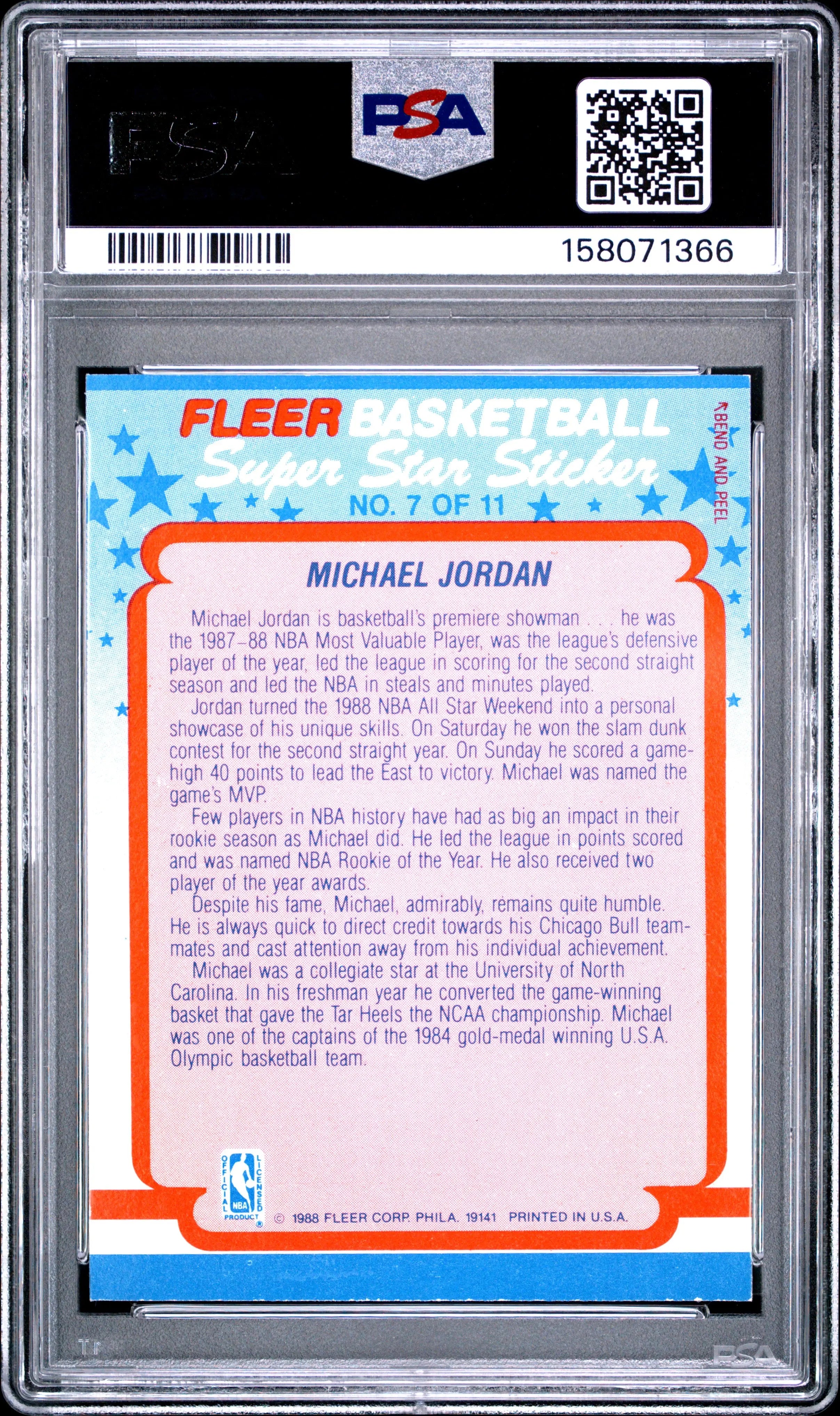 1988 Fleer Sticker Michael Jordan PSA 7 