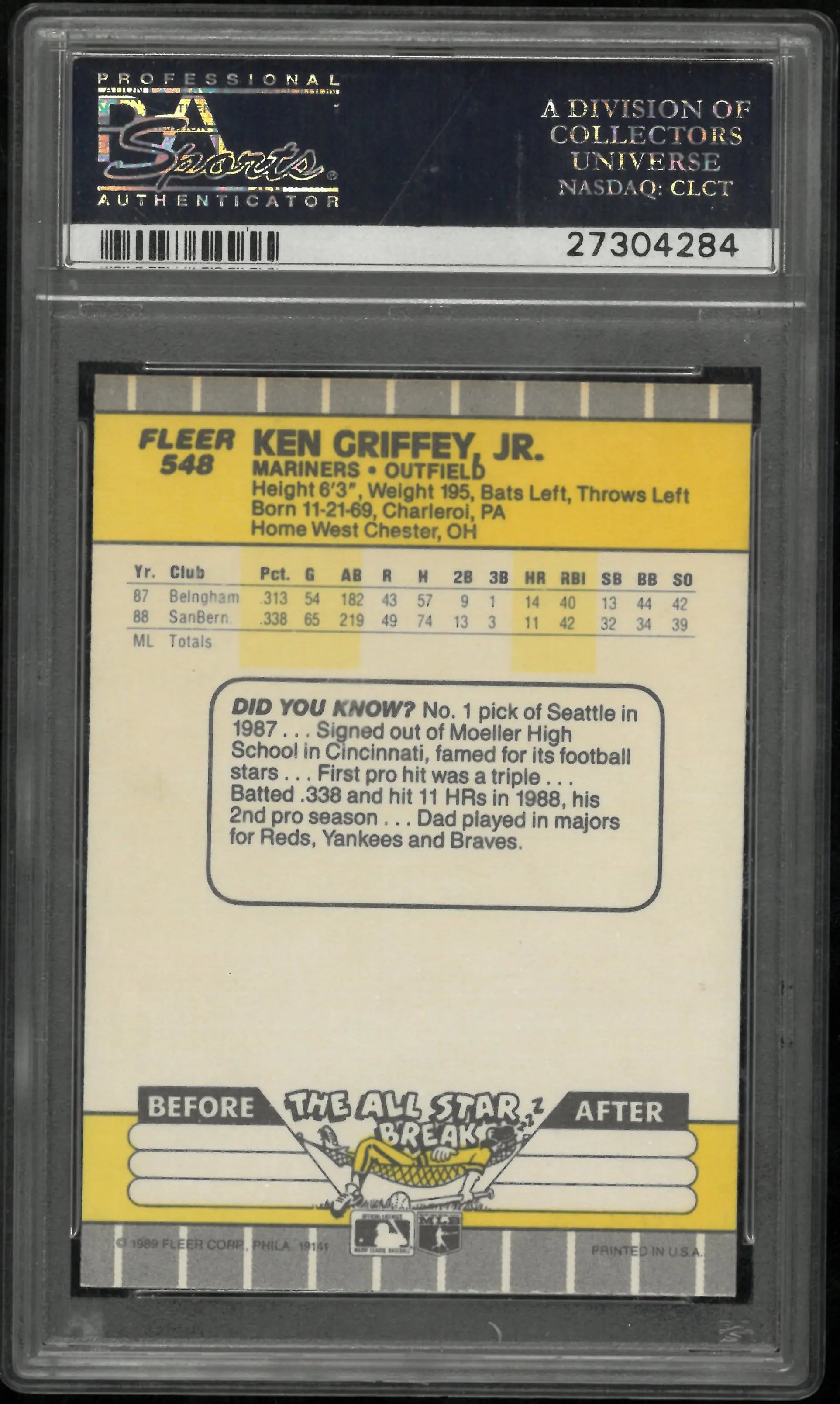 1989 Fleer Baseball Ken Griffey JR. RC Rookie #548 PSA 10 