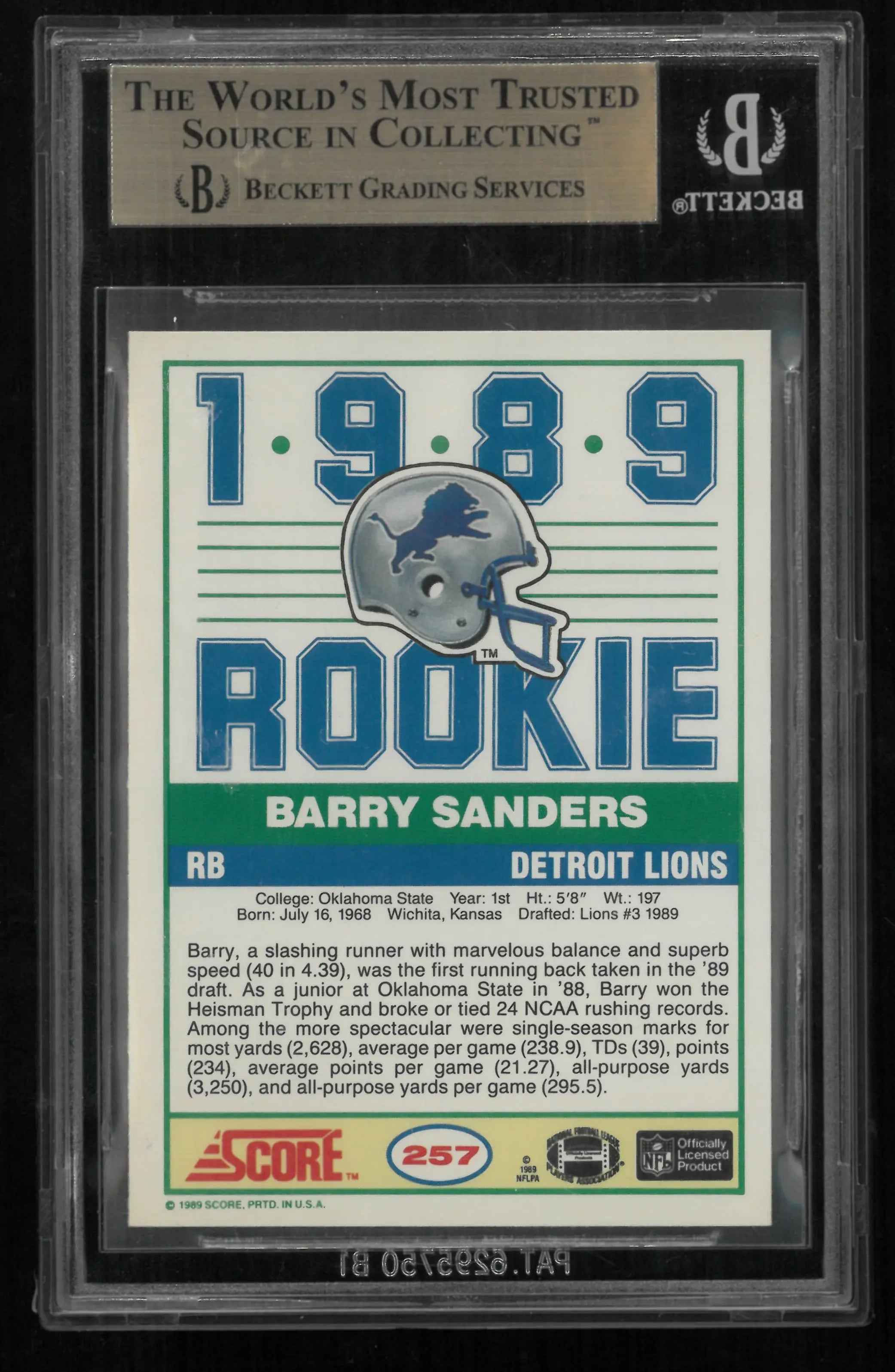 1989 Score Barry Sanders #257 Rookie BGS 9.5 Rookie RC 