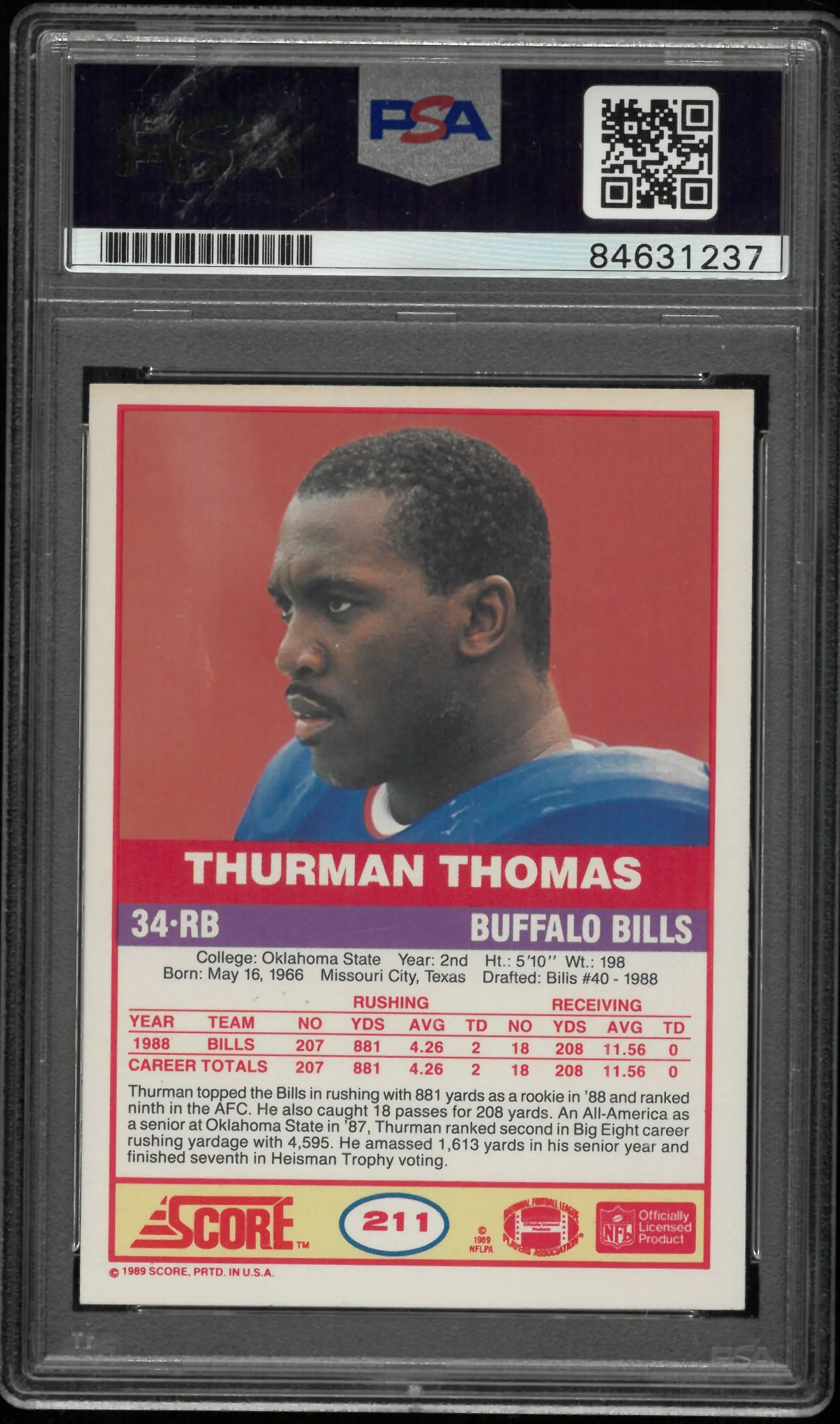 1989 Score Thurman Thomas  Autograph Auto PSA Authentic Auto 